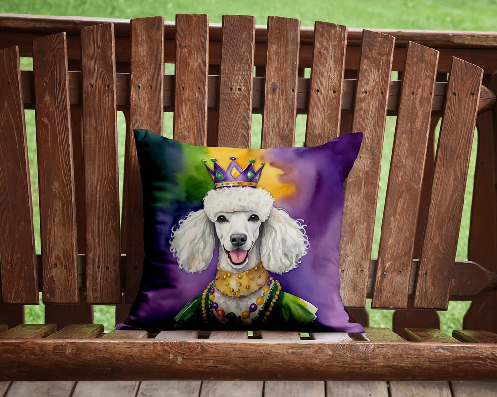 White Poodle King of Mardi Gras Decorative Throw Pillow 14x14 Indoor Outdoor Accent Cushion, Fabric Cover with Insert for Sofa, Bed, Porch & Living Room