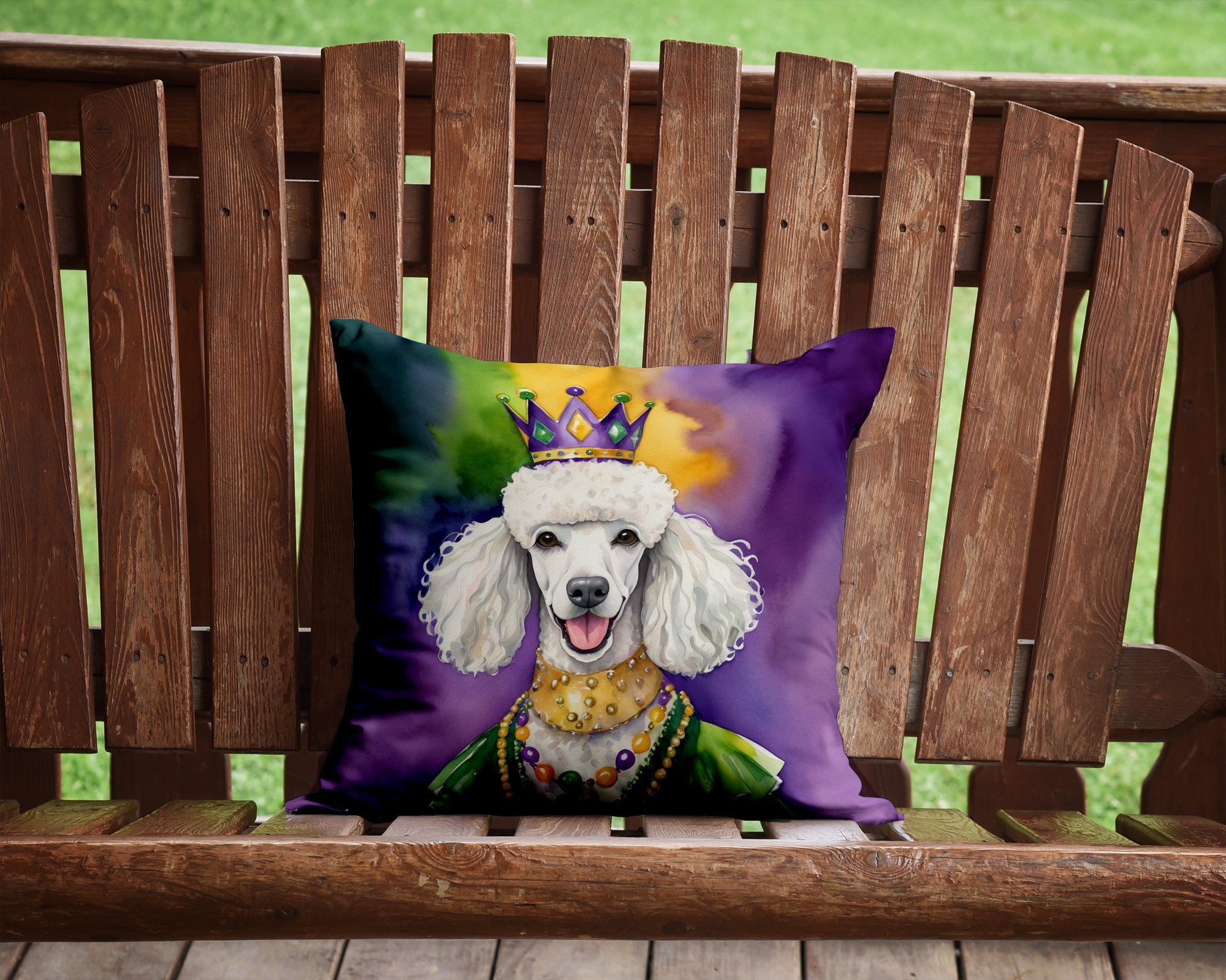 White Poodle King of Mardi Gras Decorative Throw Pillow 14x14 Indoor Outdoor Accent Cushion, Fabric Cover with Insert for Sofa, Bed, Porch & Living Room