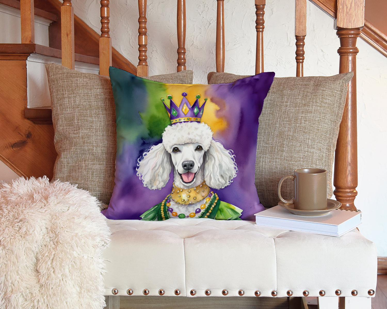 White Poodle King of Mardi Gras Decorative Throw Pillow 14x14 Indoor Outdoor Accent Cushion, Fabric Cover with Insert for Sofa, Bed, Porch & Living Room