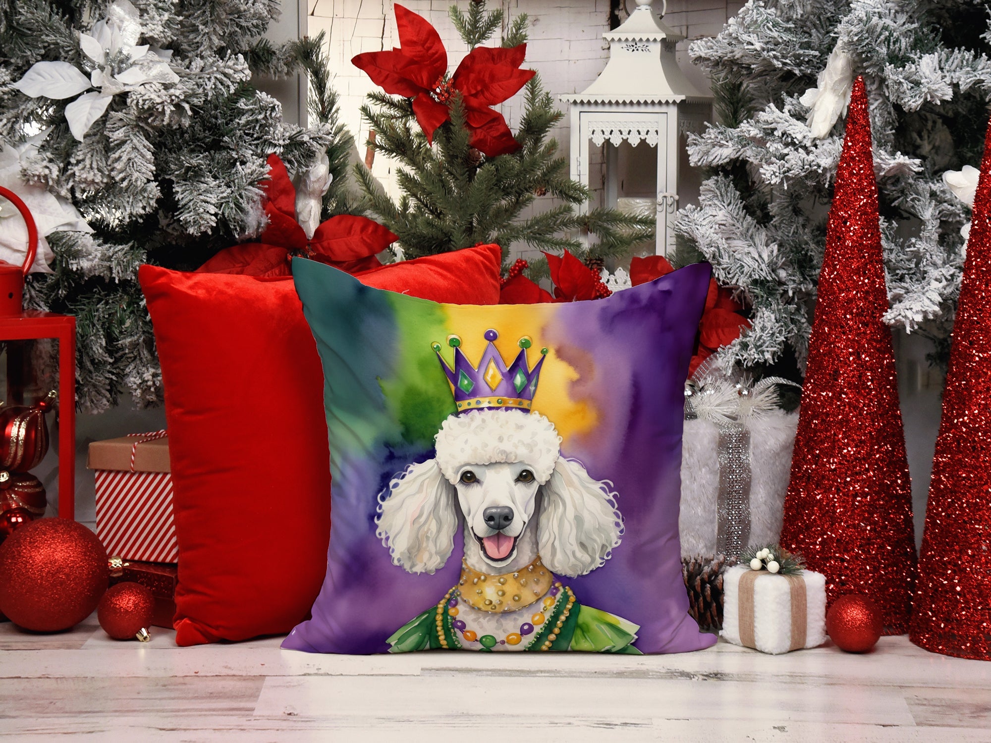 White Poodle King of Mardi Gras Decorative Throw Pillow 14x14 Indoor Outdoor Accent Cushion, Fabric Cover with Insert for Sofa, Bed, Porch & Living Room
