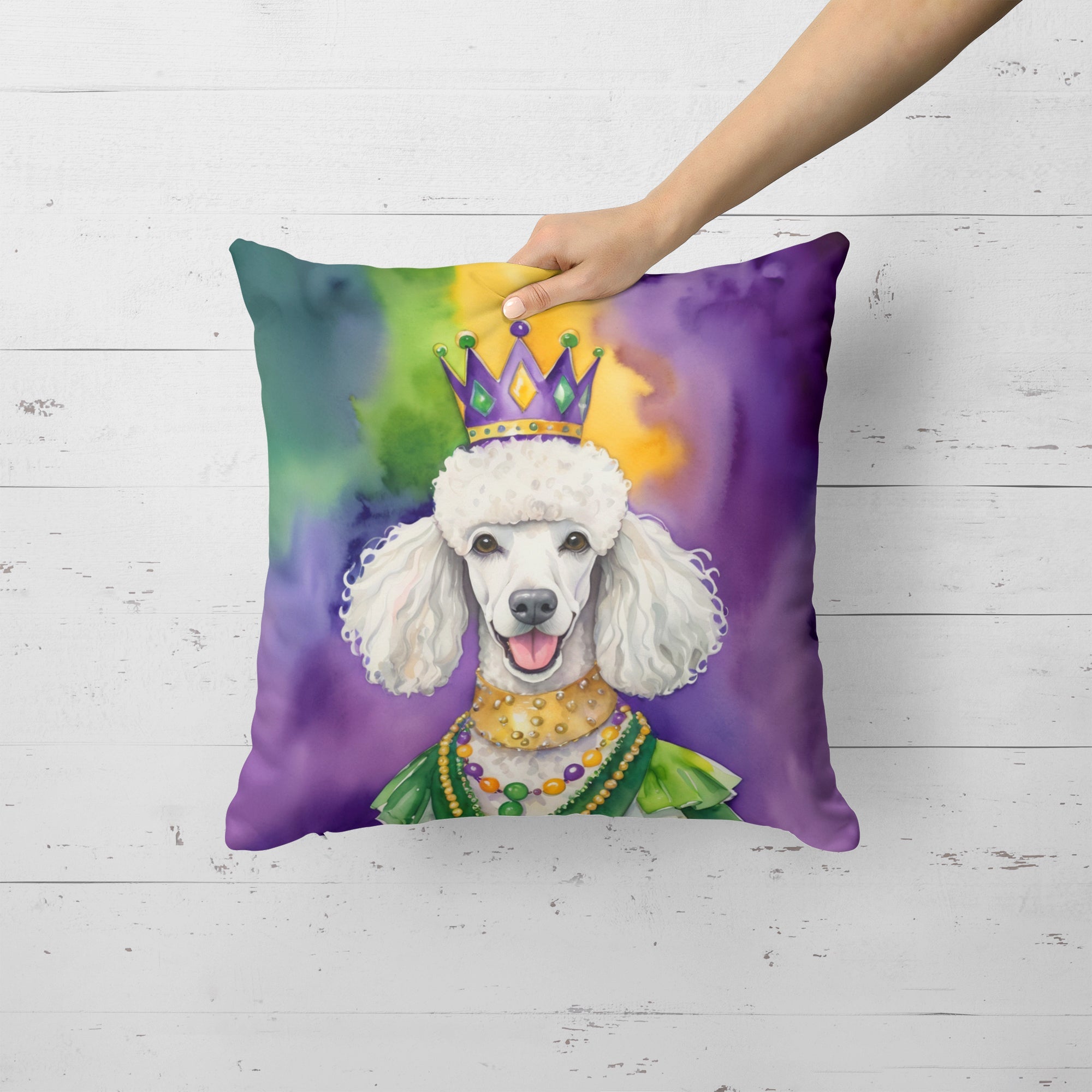 White Poodle King of Mardi Gras Decorative Throw Pillow 18x18 Indoor Outdoor Accent Cushion, Fabric Cover with Insert for Sofa, Bed, Porch & Living Room