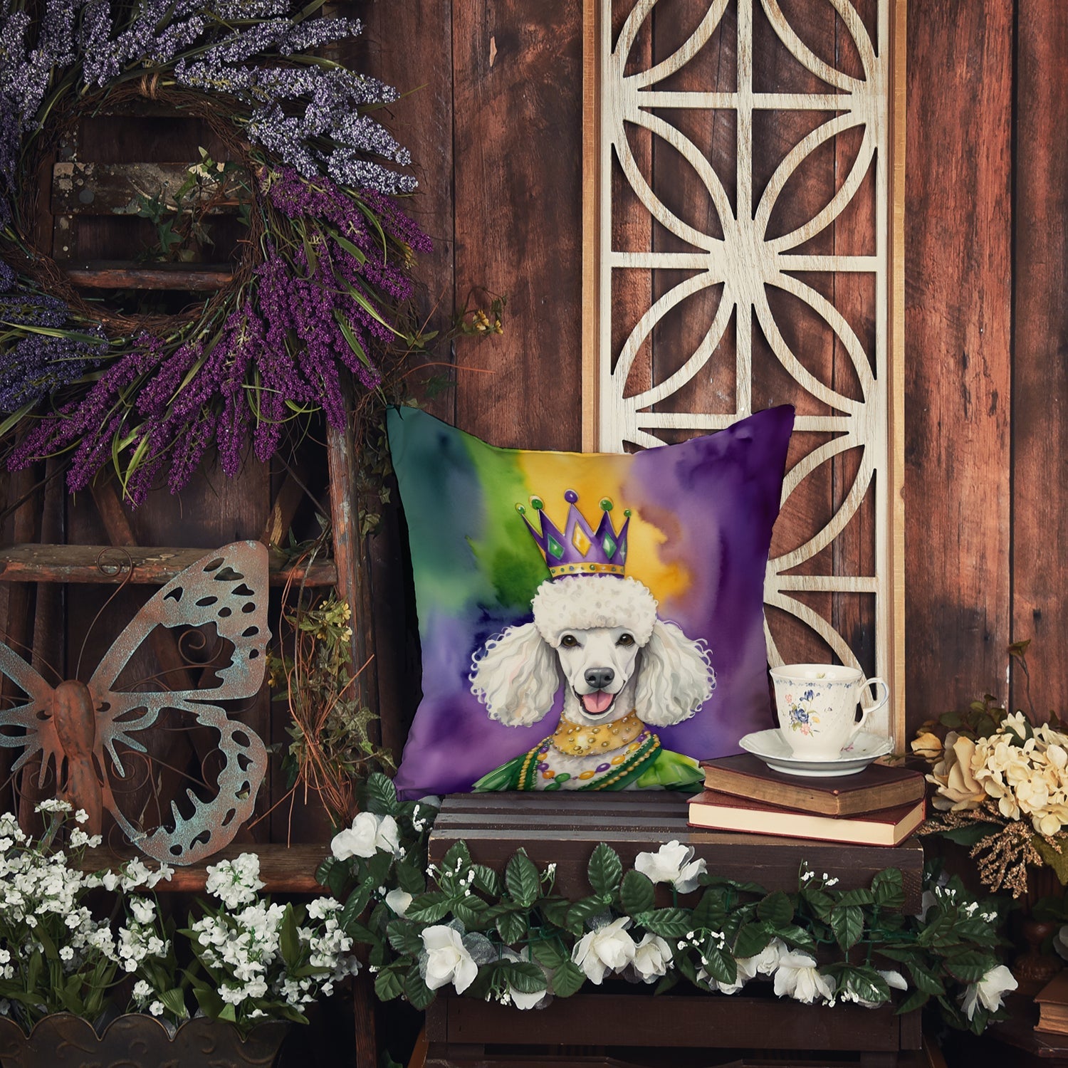 White Poodle King of Mardi Gras Decorative Throw Pillow 18x18 Indoor Outdoor Accent Cushion, Fabric Cover with Insert for Sofa, Bed, Porch & Living Room