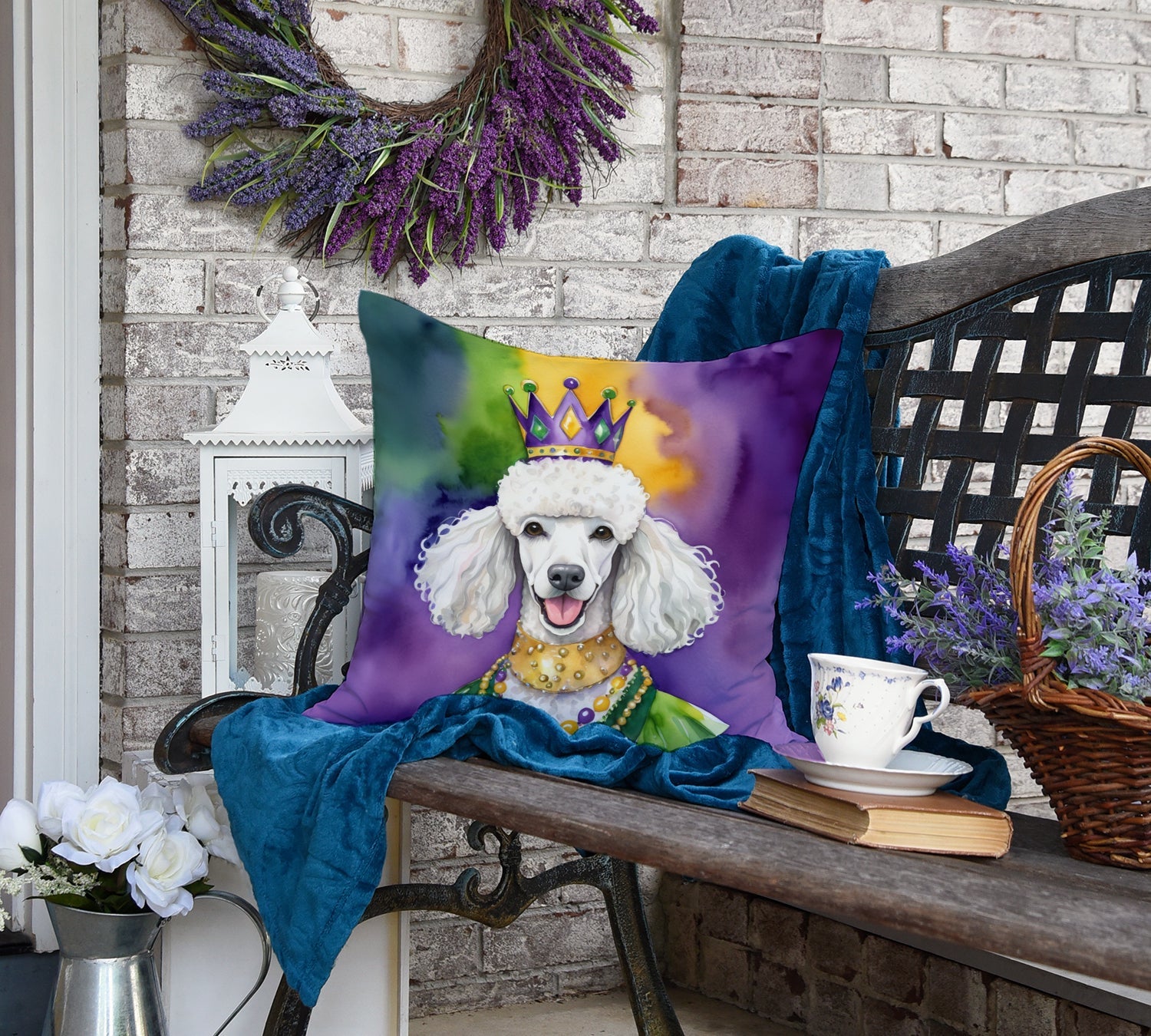 White Poodle King of Mardi Gras Decorative Throw Pillow 18x18 Indoor Outdoor Accent Cushion, Fabric Cover with Insert for Sofa, Bed, Porch & Living Room