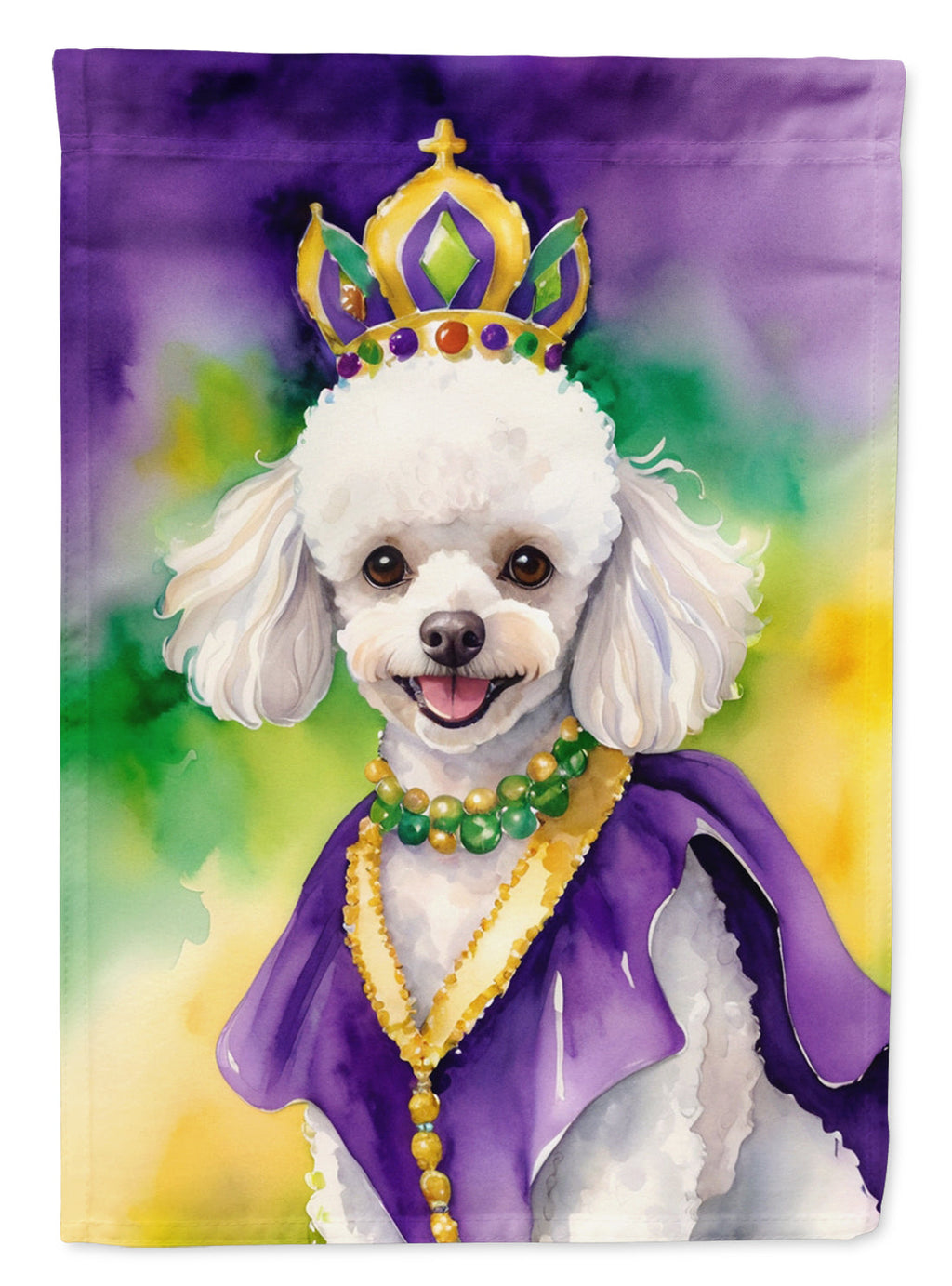 White Poodle King of Mardi Gras House Flag 28x40 Porch Sleeve Pole Decorative Outside Yard Banner Artwork Wall Hanging, Polyester