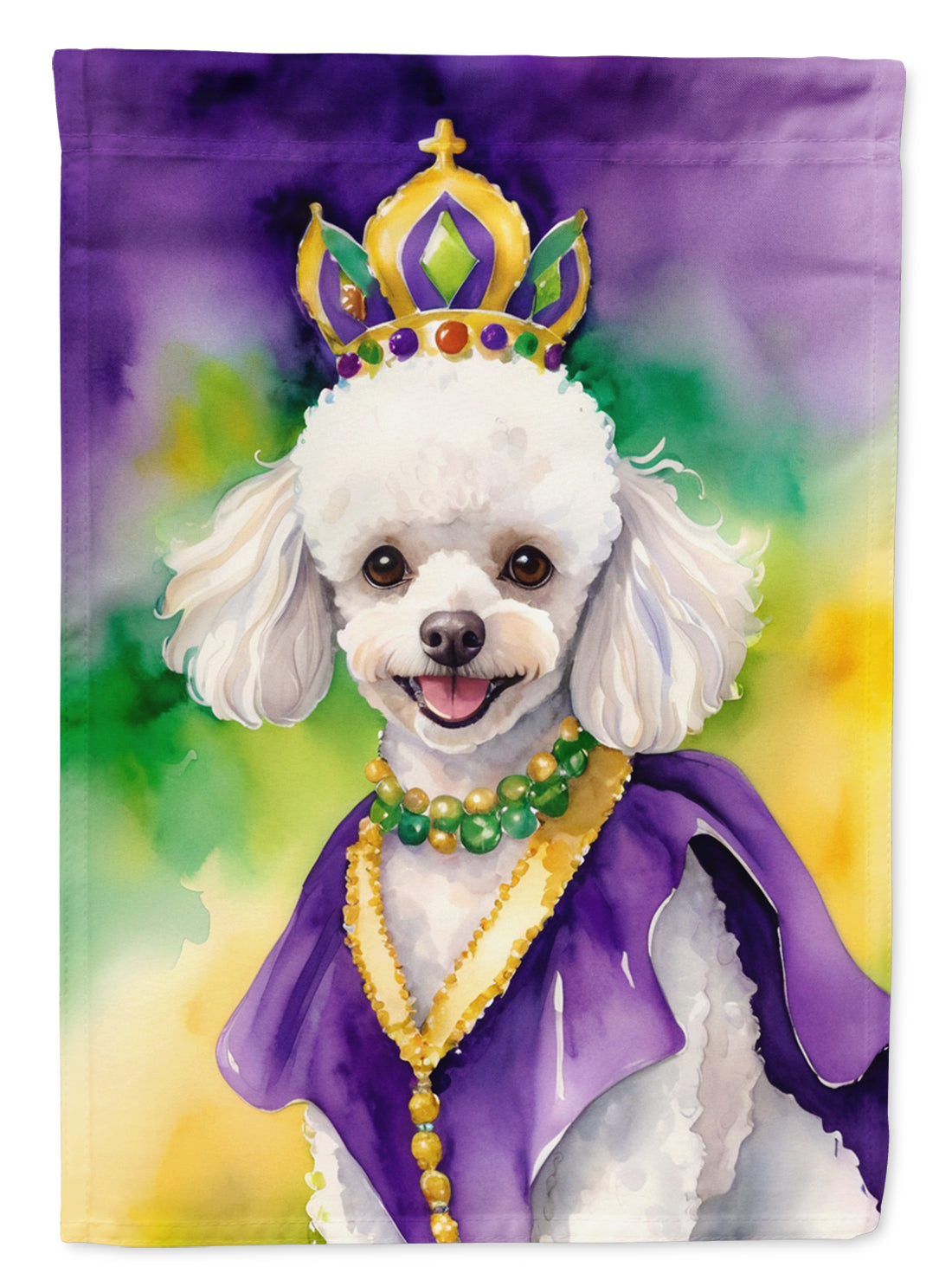 White Poodle King of Mardi Gras House Flag 28x40 Porch Sleeve Pole Decorative Outside Yard Banner Artwork Wall Hanging, Polyester