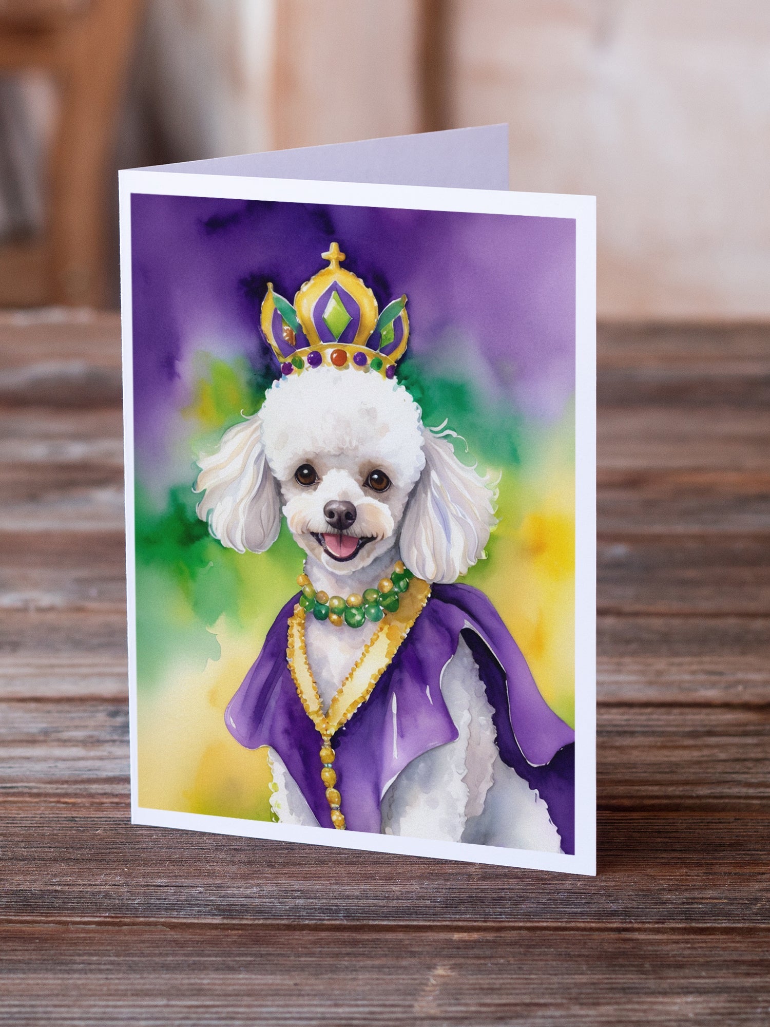 White Poodle King of Mardi Gras Greeting Cards Pack of 8 Blank Cards with Envelopes Whimsical A7 Size 5x7