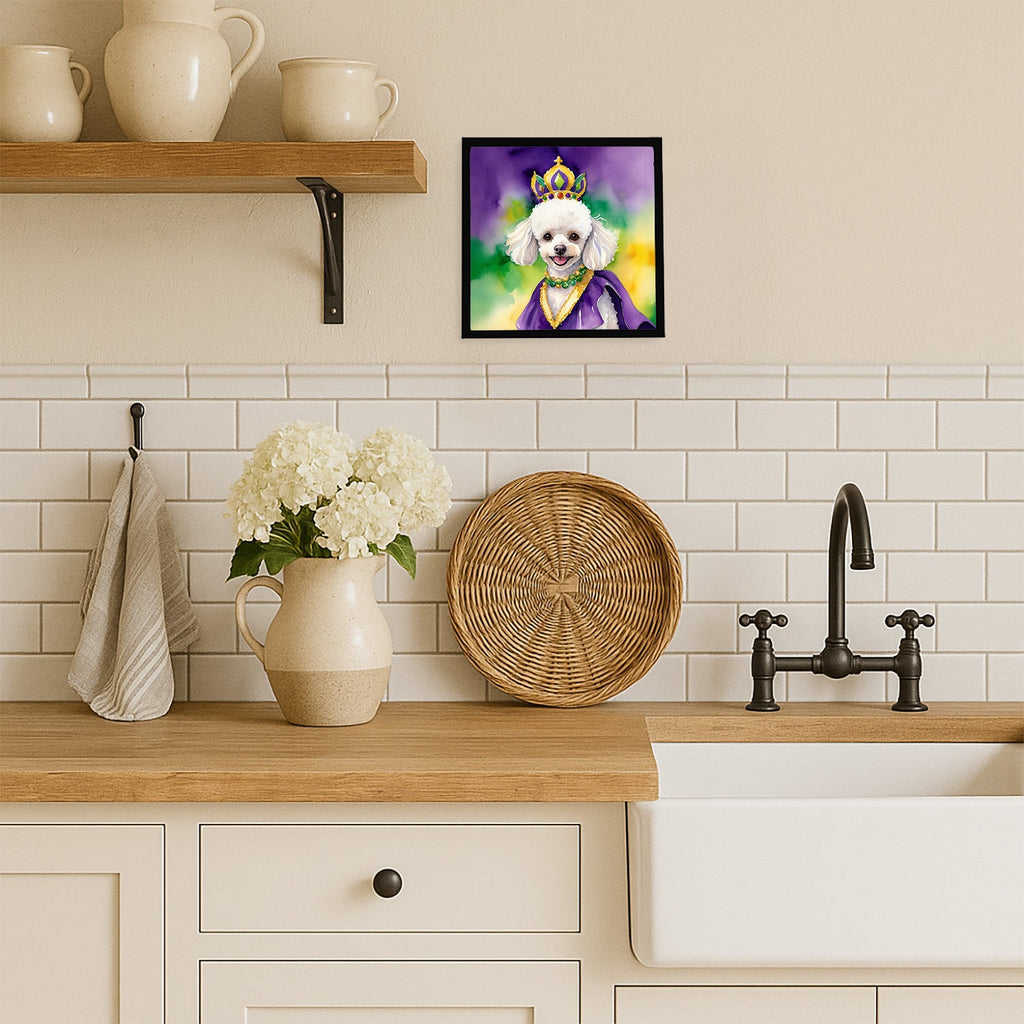 White Poodle King of Mardi Gras Framed Metal Print Bathroom, Kitchen, Office, Home Decor Wall Art Ready to Hang, Square, 8X8