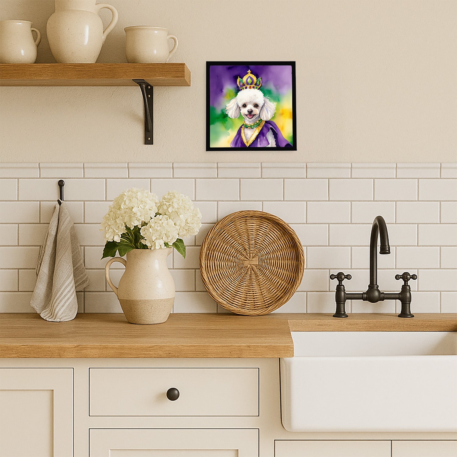 White Poodle King of Mardi Gras Framed Metal Print Bathroom, Kitchen, Office, Home Decor Wall Art Ready to Hang, Square, 8X8