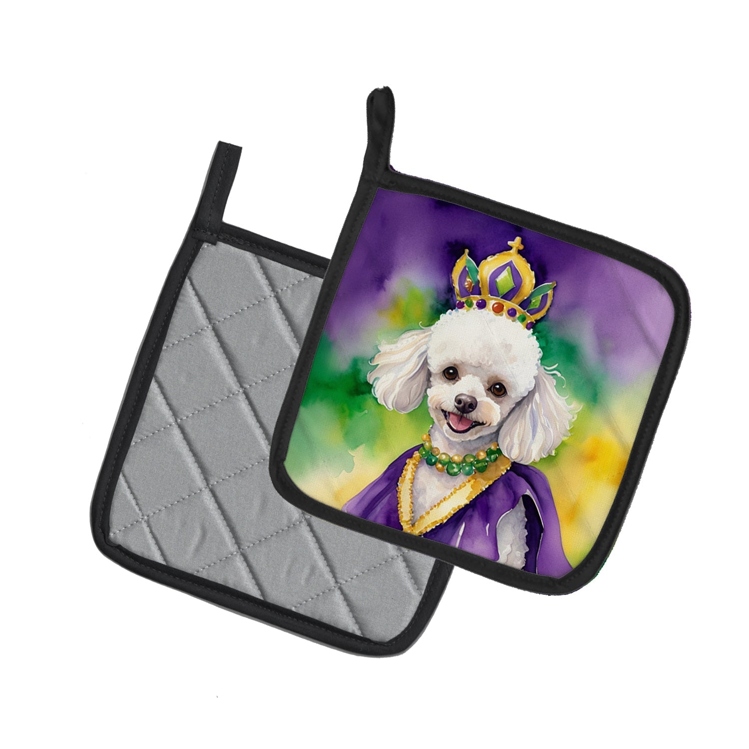 White Poodle King of Mardi Gras Pot Holder Set of 2 Heat Resistant Quilted Hot Pads 7.5 x 7.5 Inch, Insulated Kitchen Trivets for Cooking & Baking