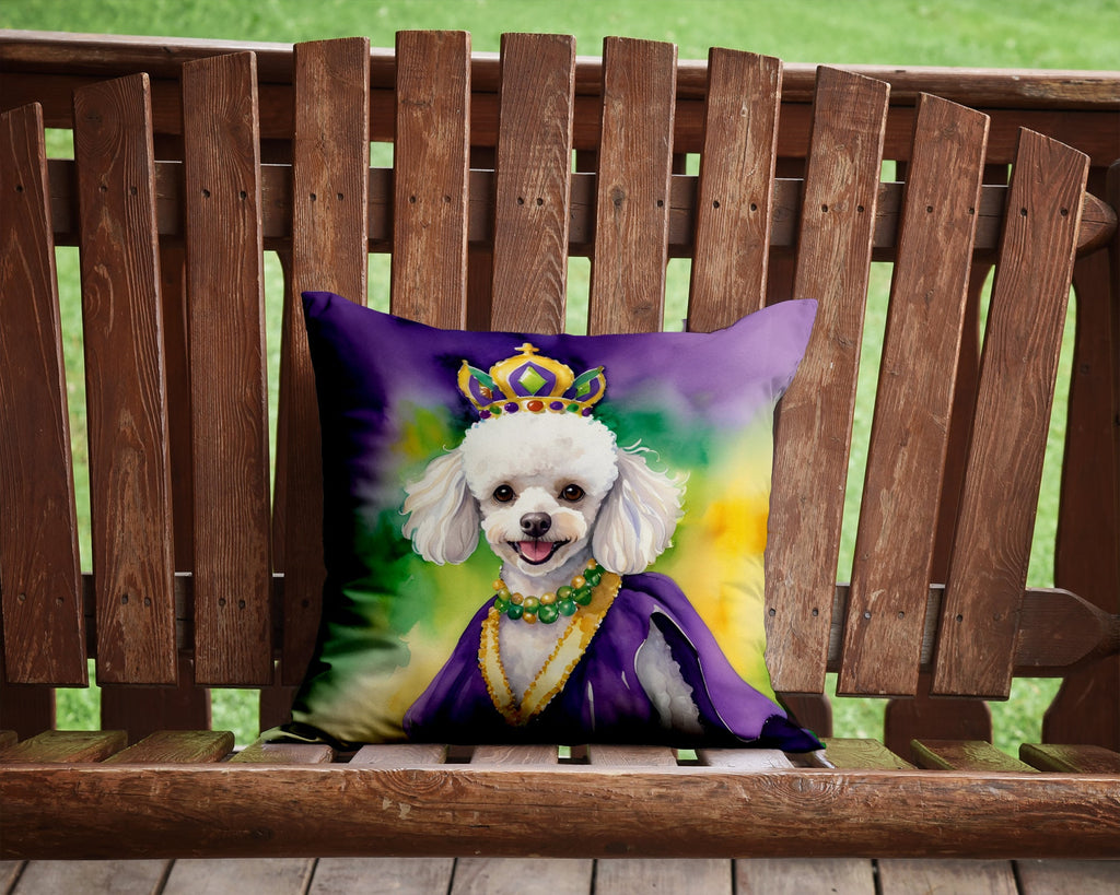 White Poodle King of Mardi Gras Decorative Throw Pillow 14x14 Indoor Outdoor Accent Cushion, Fabric Cover with Insert for Sofa, Bed, Porch & Living Room