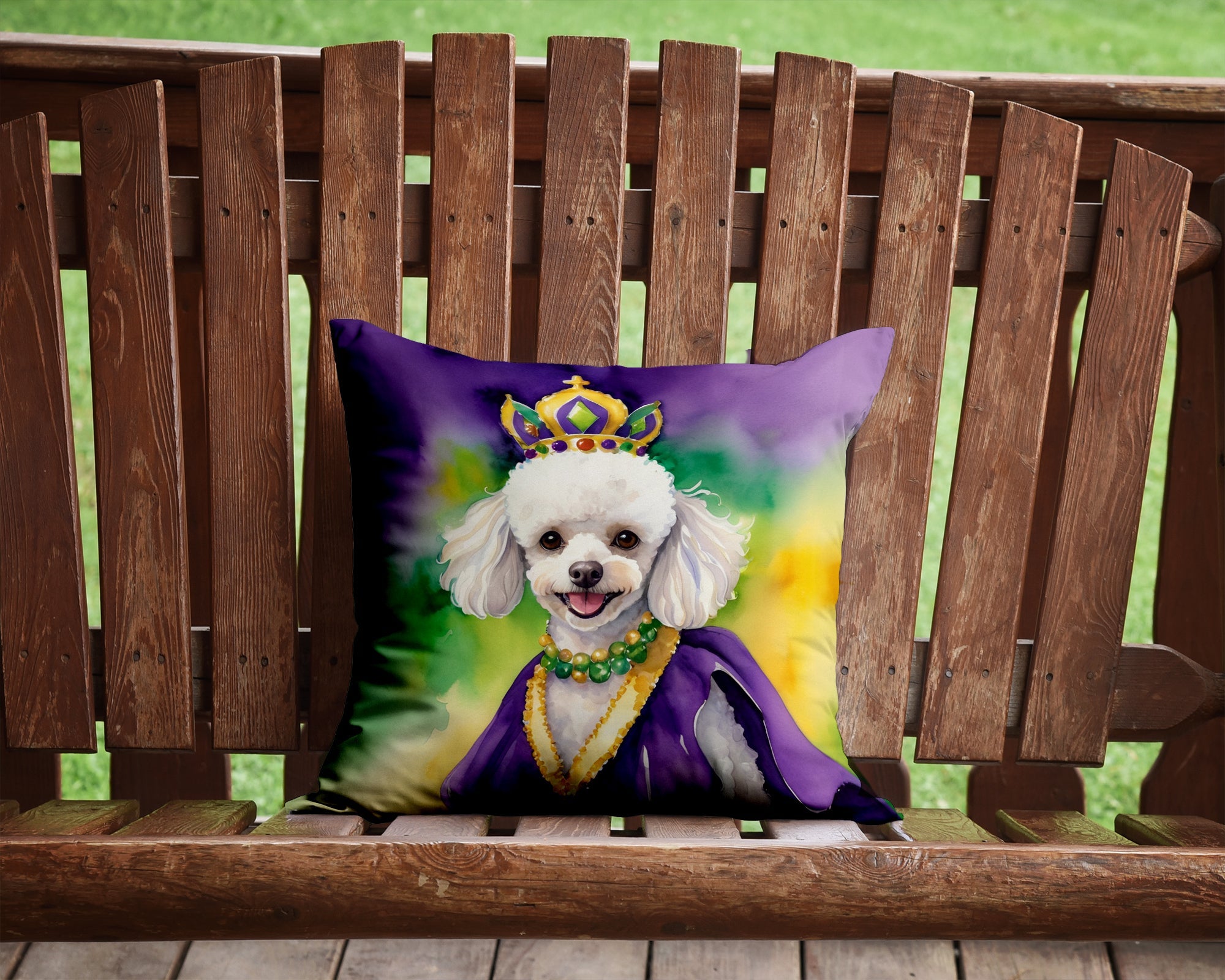 White Poodle King of Mardi Gras Decorative Throw Pillow 14x14 Indoor Outdoor Accent Cushion, Fabric Cover with Insert for Sofa, Bed, Porch & Living Room