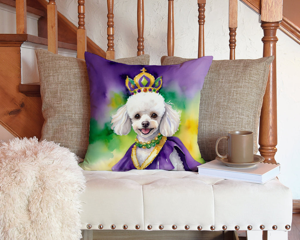 White Poodle King of Mardi Gras Decorative Throw Pillow 14x14 Indoor Outdoor Accent Cushion, Fabric Cover with Insert for Sofa, Bed, Porch & Living Room