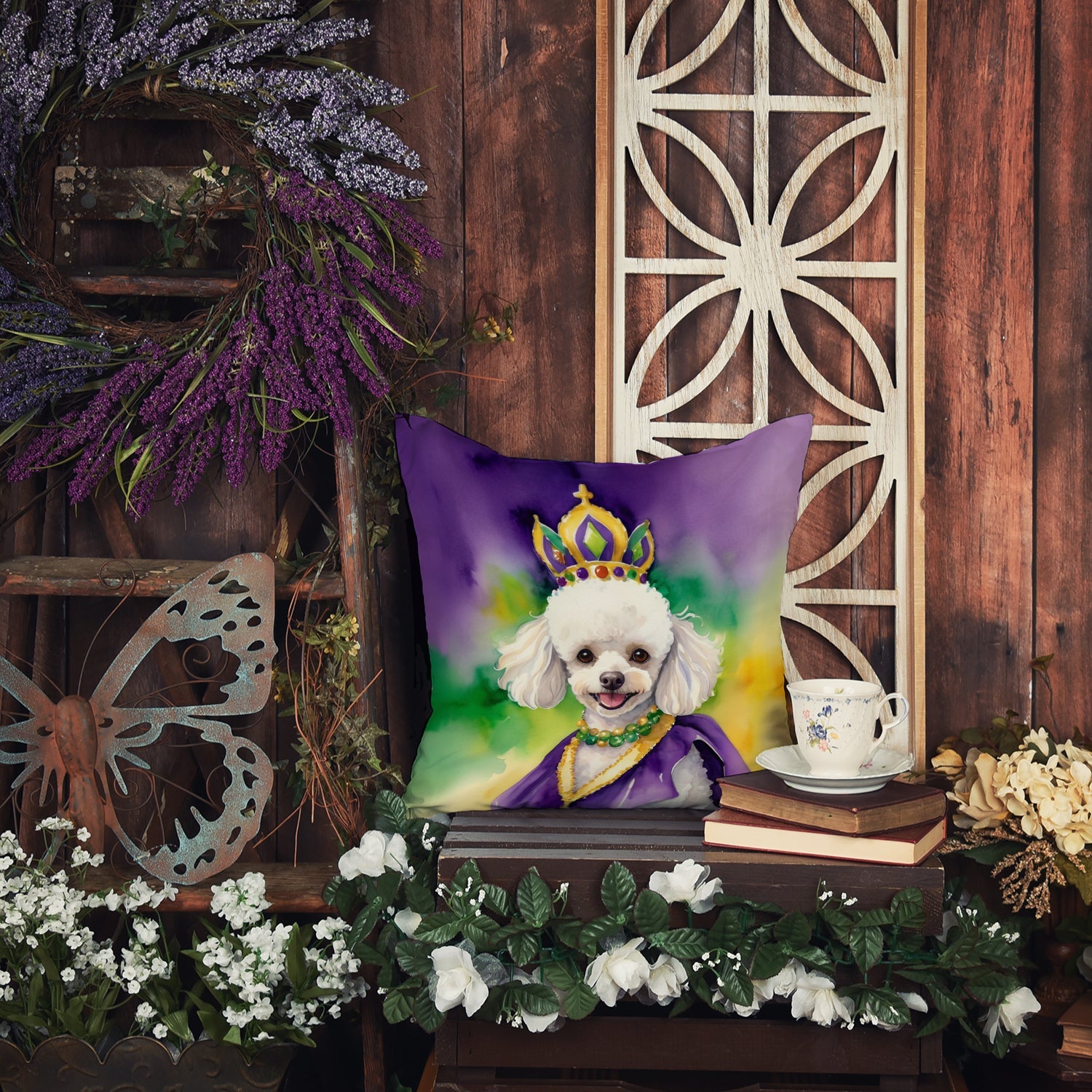 White Poodle King of Mardi Gras Decorative Throw Pillow 18x18 Indoor Outdoor Accent Cushion, Fabric Cover with Insert for Sofa, Bed, Porch & Living Room