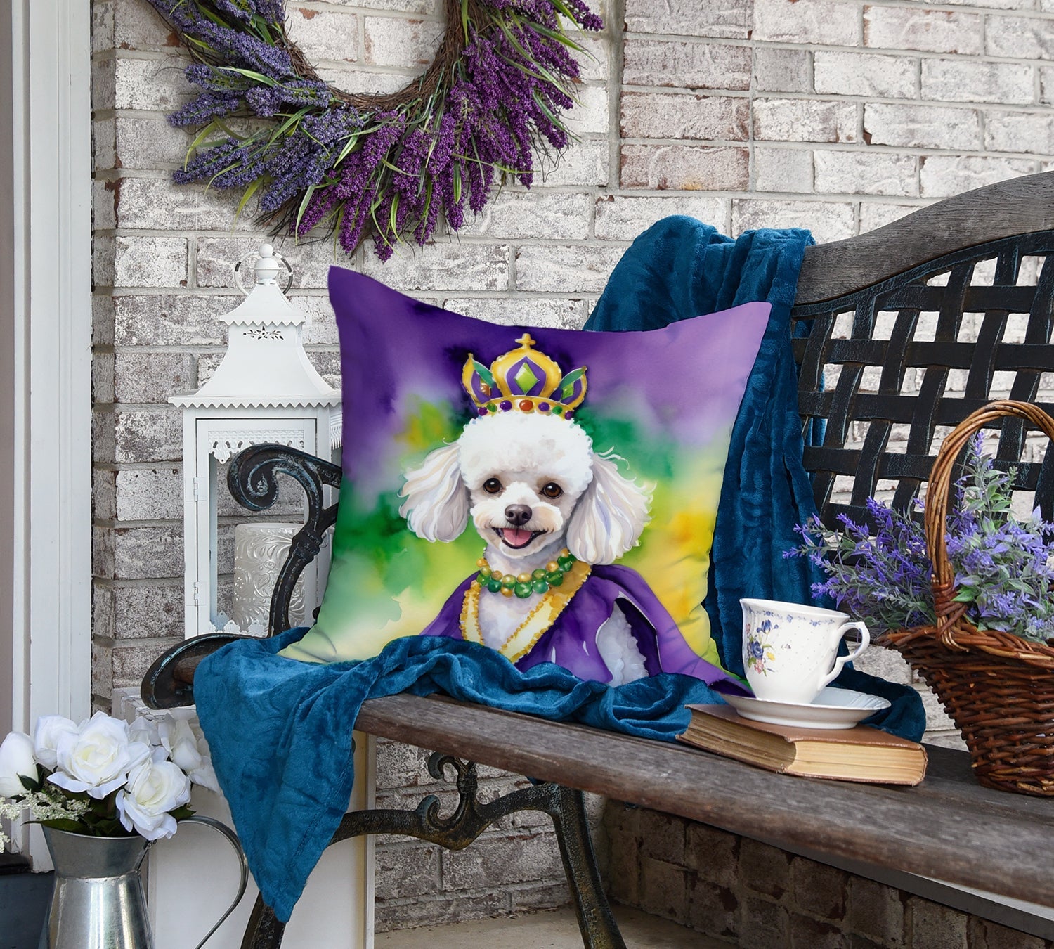 White Poodle King of Mardi Gras Decorative Throw Pillow 18x18 Indoor Outdoor Accent Cushion, Fabric Cover with Insert for Sofa, Bed, Porch & Living Room