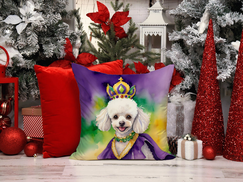 White Poodle King of Mardi Gras Decorative Throw Pillow 18x18 Indoor Outdoor Accent Cushion, Fabric Cover with Insert for Sofa, Bed, Porch & Living Room