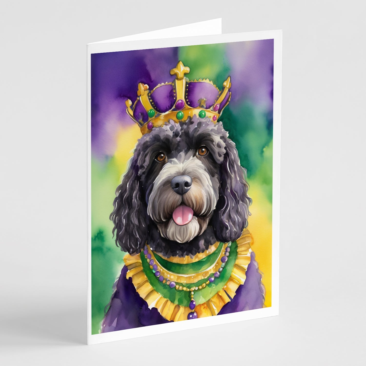 Portuguese Water Dog King of Mardi Gras Greeting Cards Pack of 8 Blank Cards with Envelopes Whimsical A7 Size 5x7