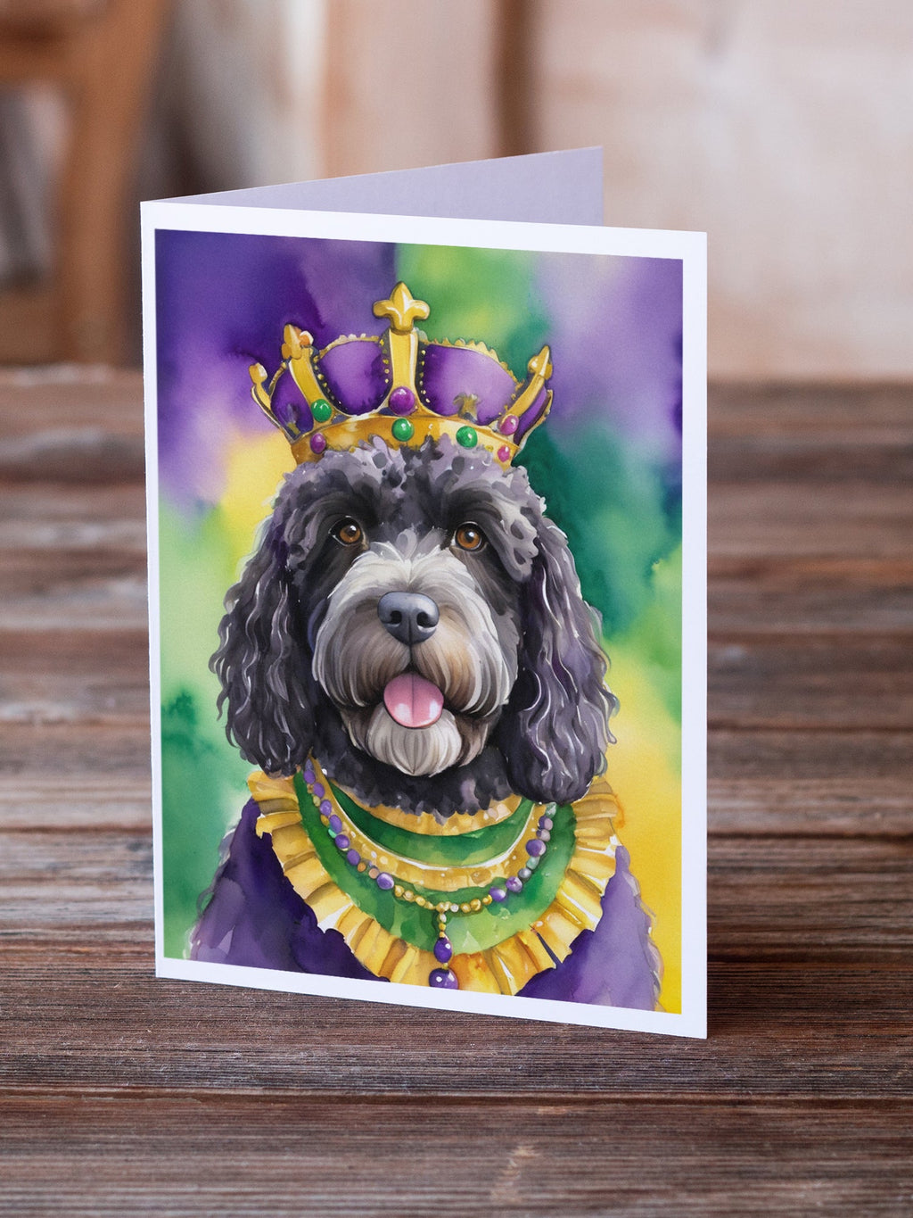 Portuguese Water Dog King of Mardi Gras Greeting Cards Pack of 8 Blank Cards with Envelopes Whimsical A7 Size 5x7