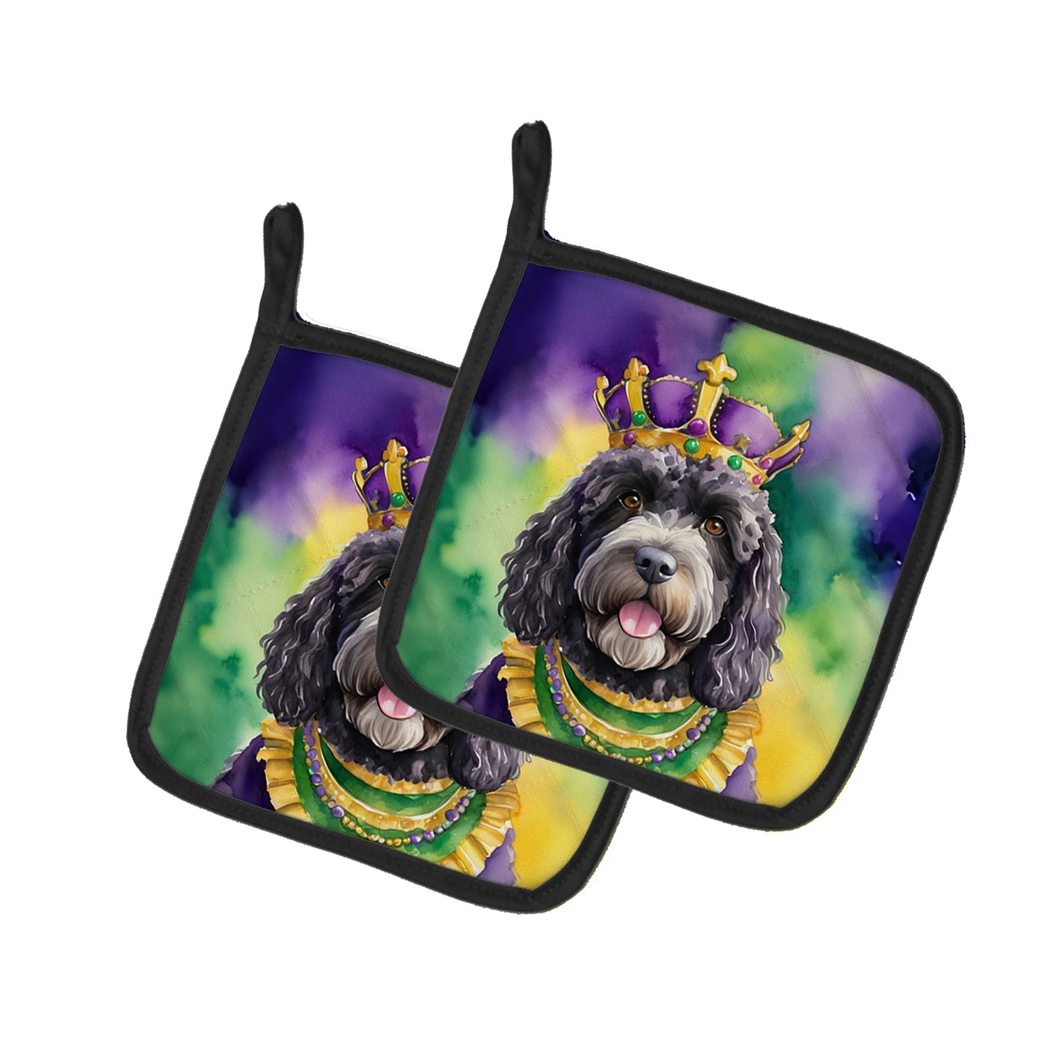 Portuguese Water Dog King of Mardi Gras Pot Holder Set of 2 Heat Resistant Quilted Hot Pads 7.5 x 7.5 Inch, Insulated Kitchen Trivets for Cooking & Baking