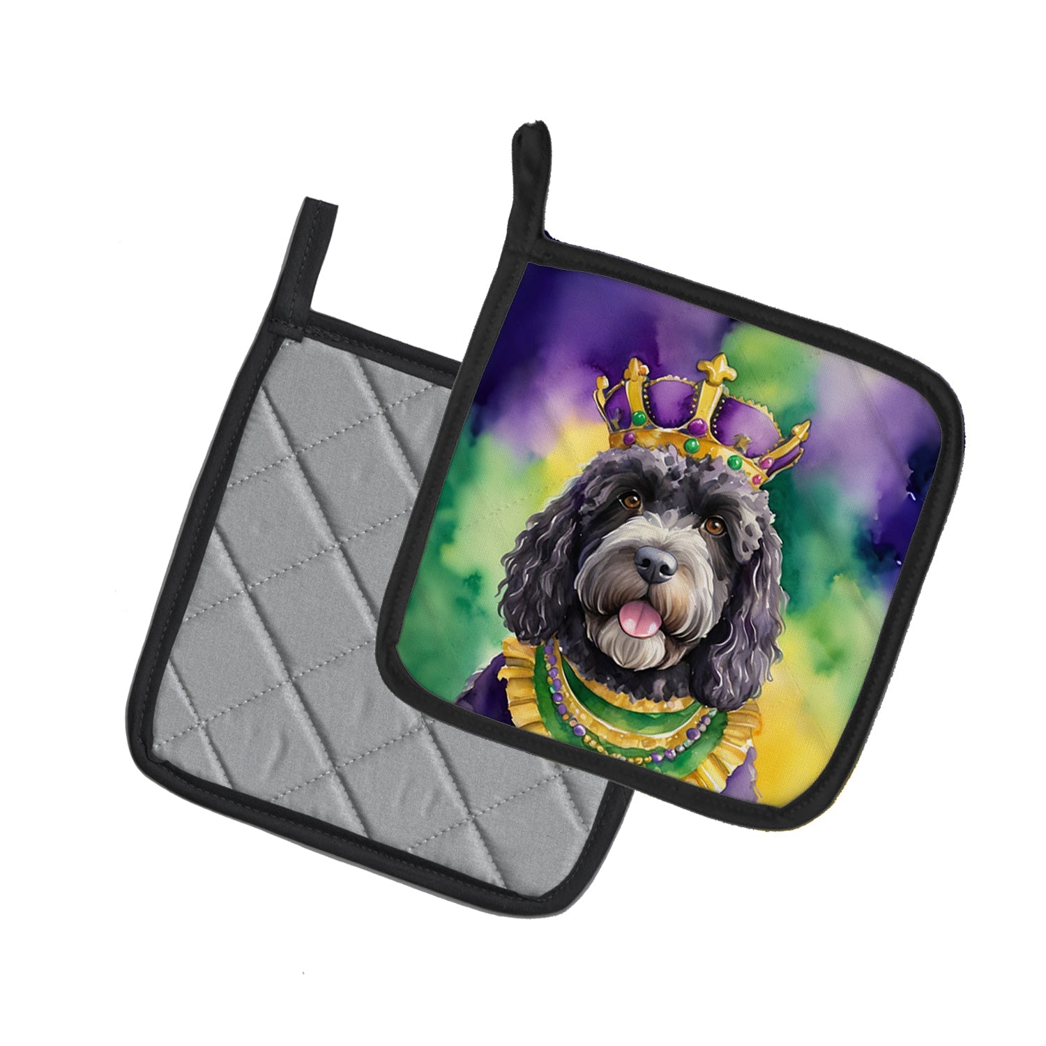 Portuguese Water Dog King of Mardi Gras Pot Holder Set of 2 Heat Resistant Quilted Hot Pads 7.5 x 7.5 Inch, Insulated Kitchen Trivets for Cooking & Baking