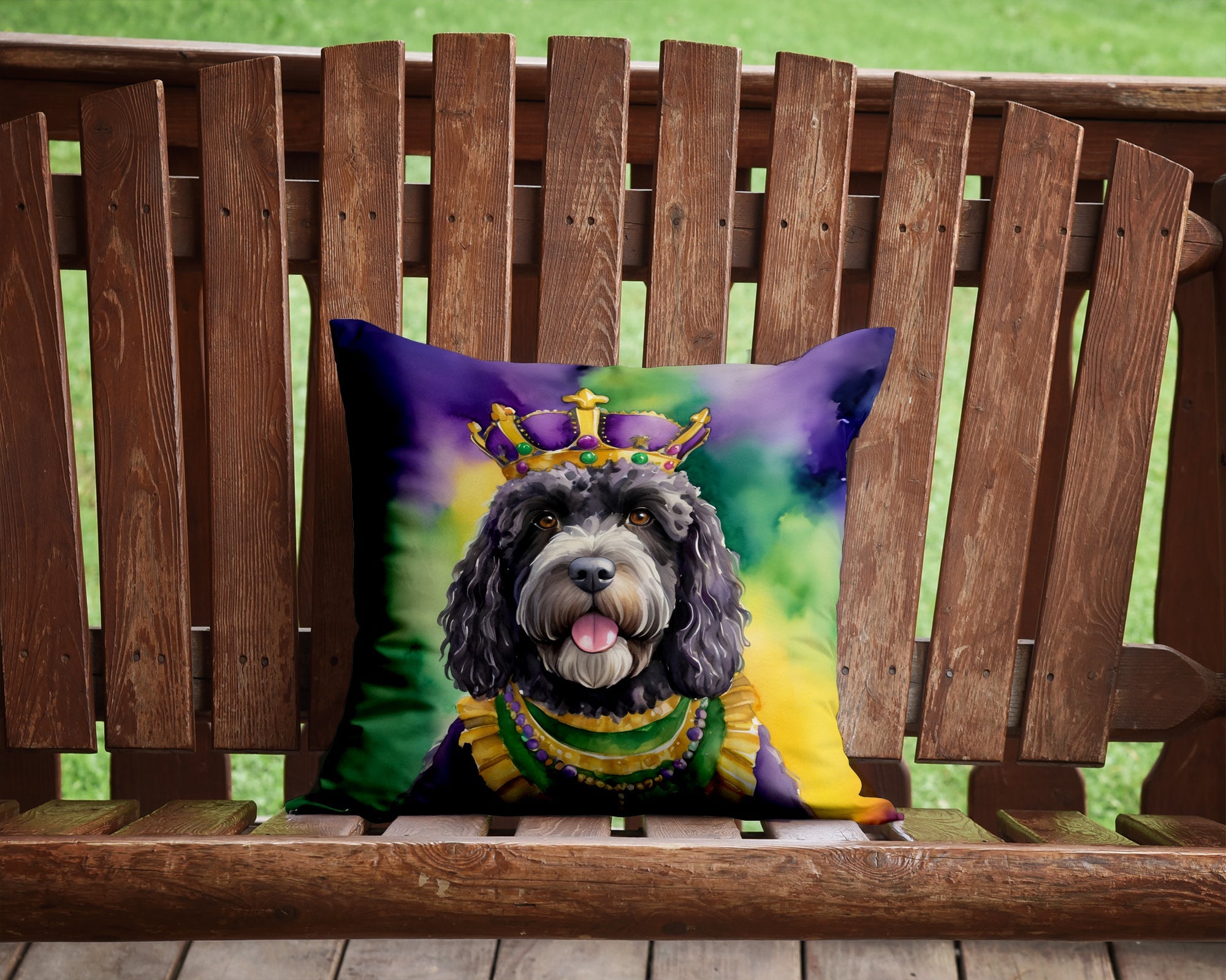 Portuguese Water Dog King of Mardi Gras Decorative Throw Pillow 14x14 Indoor Outdoor Accent Cushion, Fabric Cover with Insert for Sofa, Bed, Porch & Living Room