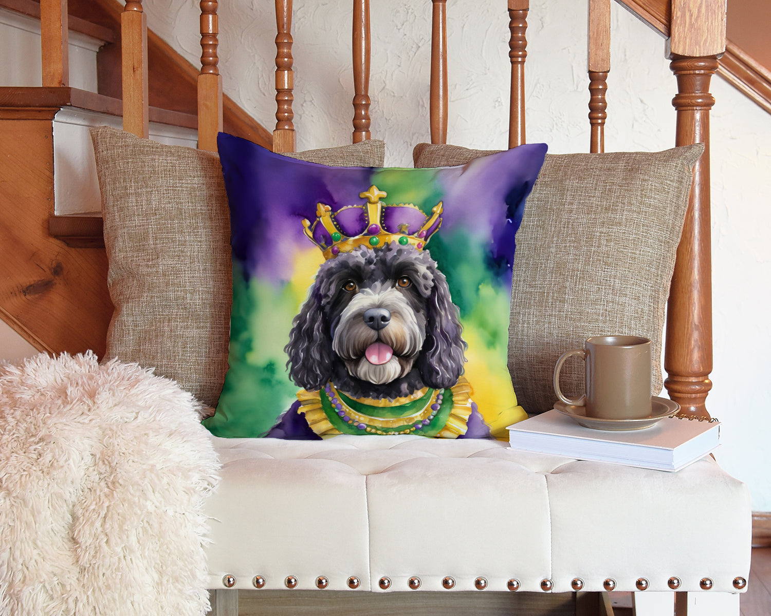 Portuguese Water Dog King of Mardi Gras Decorative Throw Pillow 14x14 Indoor Outdoor Accent Cushion, Fabric Cover with Insert for Sofa, Bed, Porch & Living Room