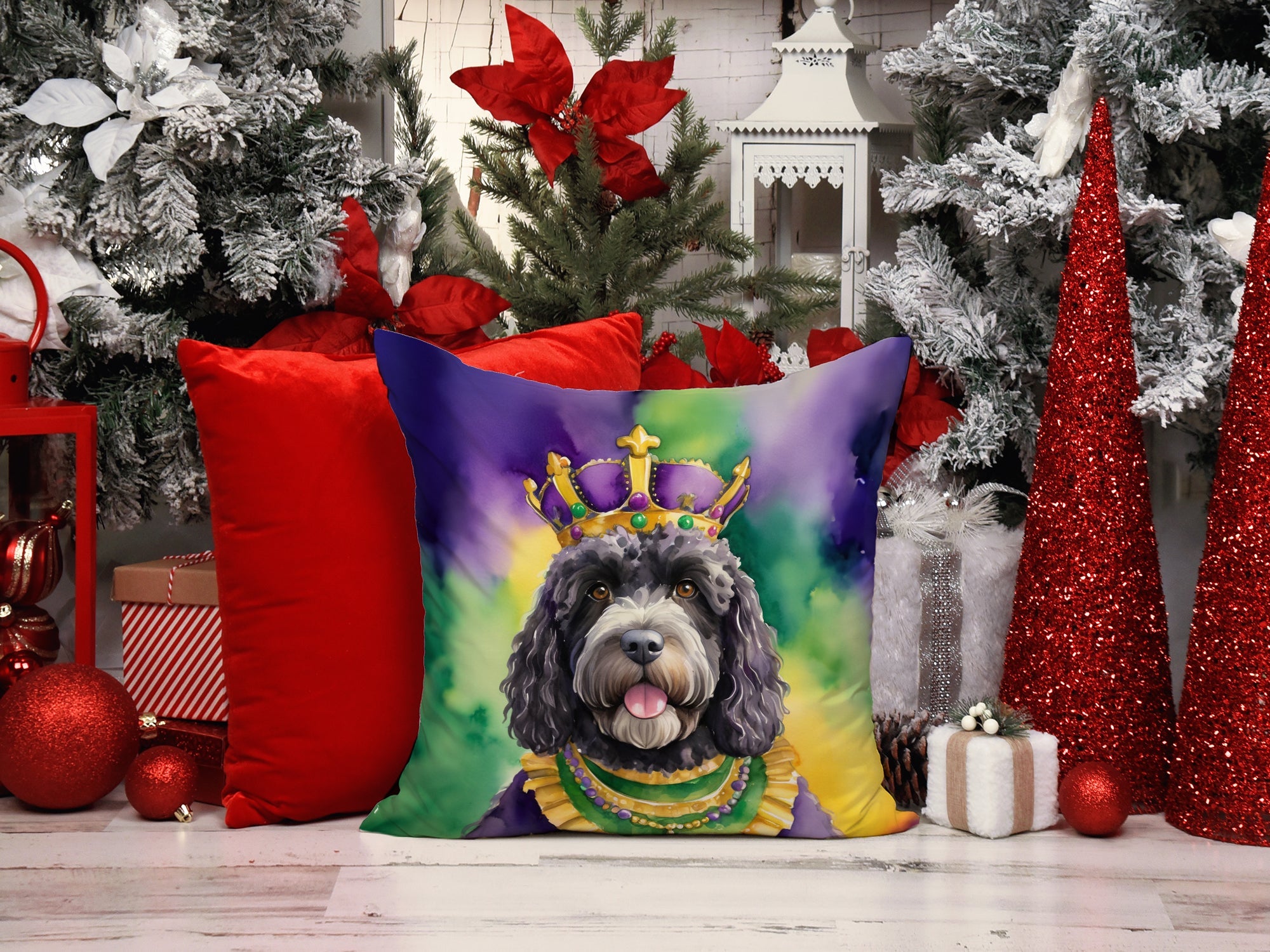 Portuguese Water Dog King of Mardi Gras Decorative Throw Pillow 14x14 Indoor Outdoor Accent Cushion, Fabric Cover with Insert for Sofa, Bed, Porch & Living Room