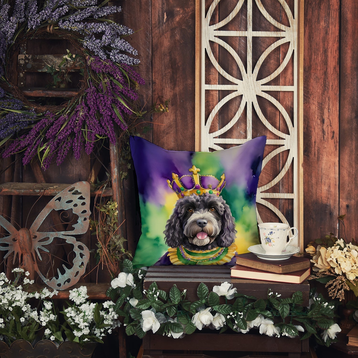 Portuguese Water Dog King of Mardi Gras Decorative Throw Pillow 18x18 Indoor Outdoor Accent Cushion, Fabric Cover with Insert for Sofa, Bed, Porch & Living Room