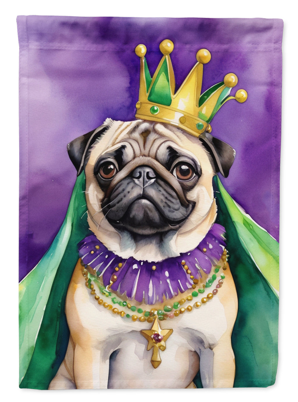 Pug King of Mardi Gras House Flag 28x40 Porch Sleeve Pole Decorative Outside Yard Banner Artwork Wall Hanging, Polyester