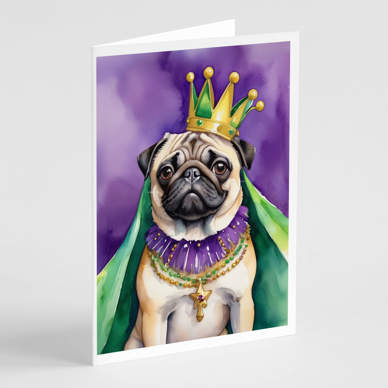 Pug King of Mardi Gras Greeting Cards Pack of 8 Blank Cards with Envelopes Whimsical A7 Size 5x7