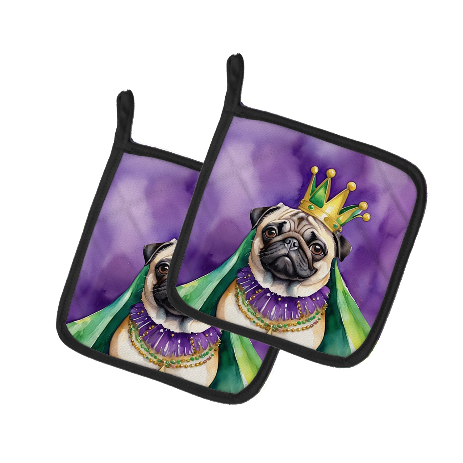 Pug King of Mardi Gras Pot Holder Set of 2 Heat Resistant Quilted Hot Pads 7.5 x 7.5 Inch, Insulated Kitchen Trivets for Cooking & Baking