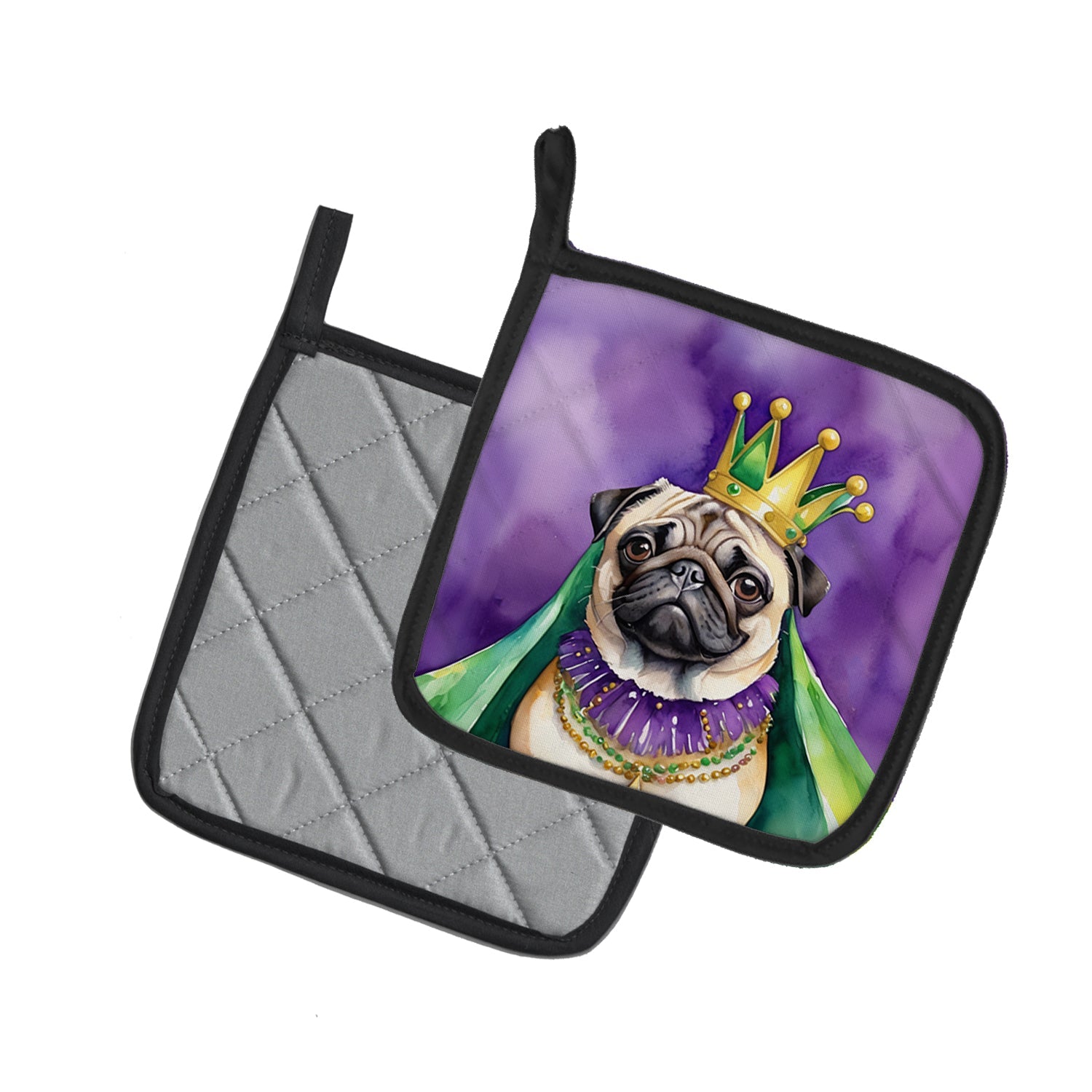 Pug King of Mardi Gras Pot Holder Set of 2 Heat Resistant Quilted Hot Pads 7.5 x 7.5 Inch, Insulated Kitchen Trivets for Cooking & Baking