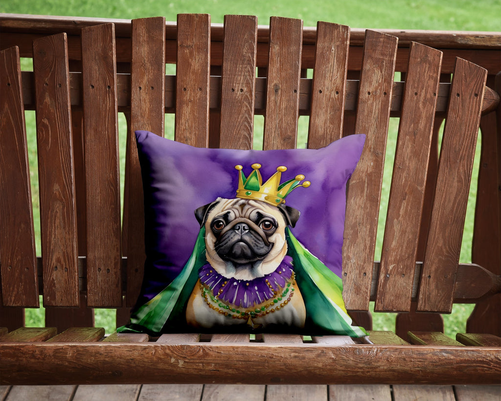 Pug King of Mardi Gras Decorative Throw Pillow 14x14 Indoor Outdoor Accent Cushion, Fabric Cover with Insert for Sofa, Bed, Porch & Living Room