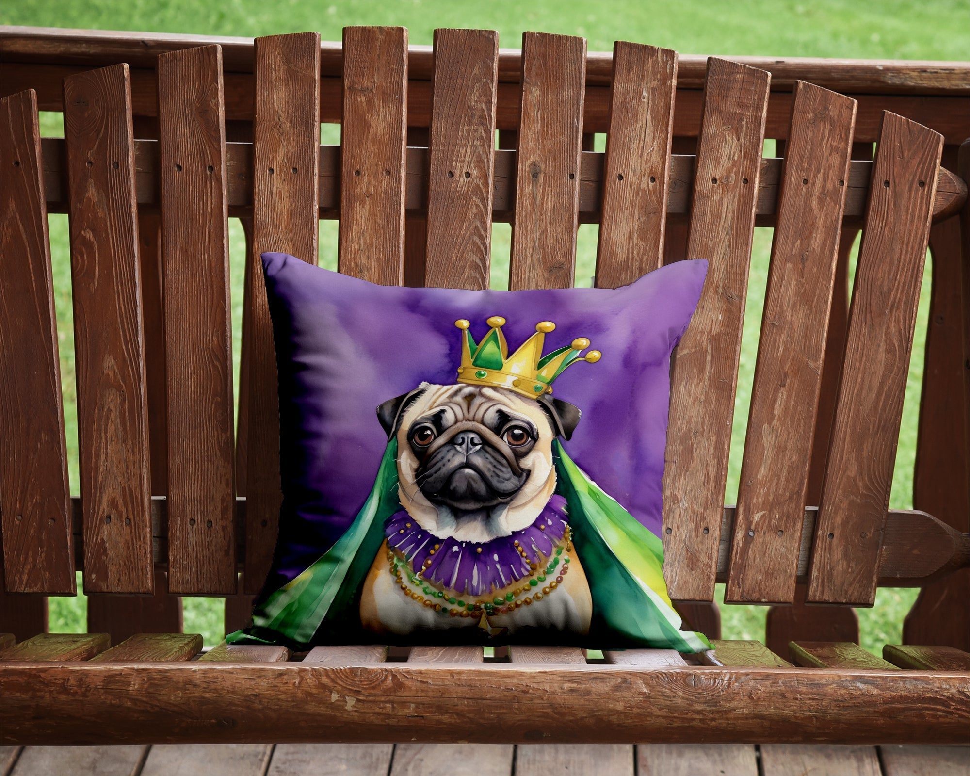 Pug King of Mardi Gras Decorative Throw Pillow 14x14 Indoor Outdoor Accent Cushion, Fabric Cover with Insert for Sofa, Bed, Porch & Living Room