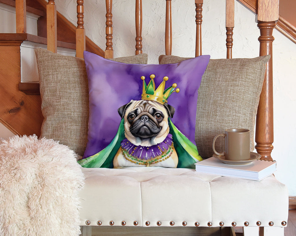 Pug King of Mardi Gras Decorative Throw Pillow 14x14 Indoor Outdoor Accent Cushion, Fabric Cover with Insert for Sofa, Bed, Porch & Living Room