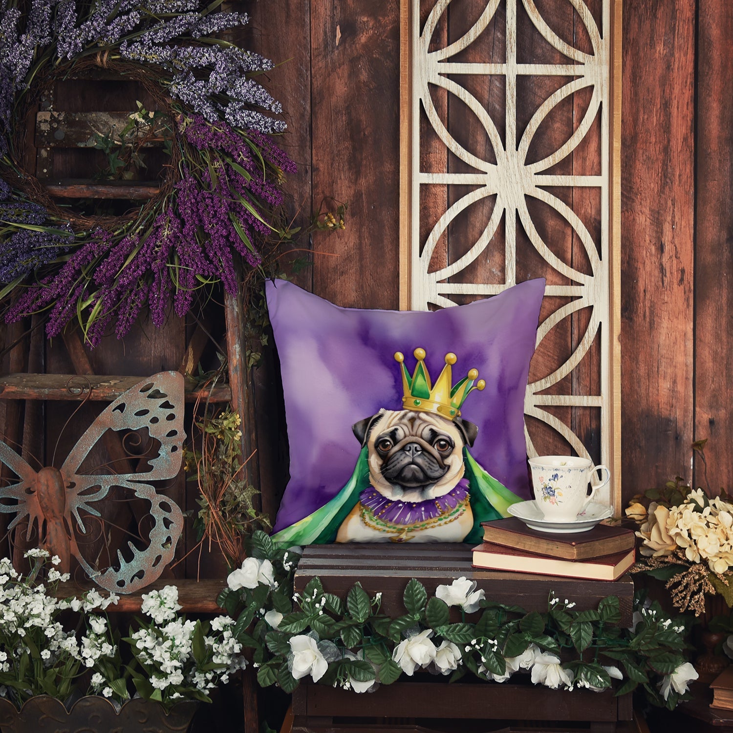 Pug King of Mardi Gras Decorative Throw Pillow 14x14 Indoor Outdoor Accent Cushion, Fabric Cover with Insert for Sofa, Bed, Porch & Living Room