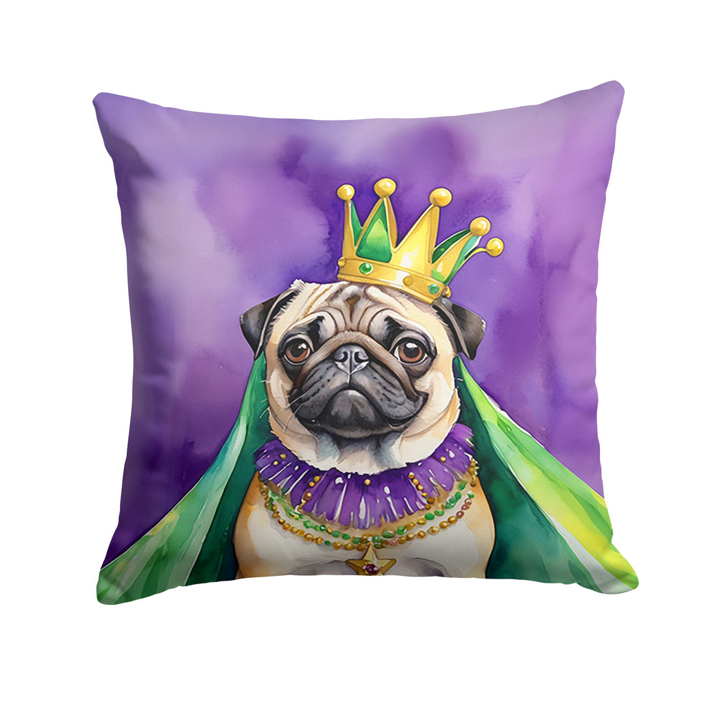 Pug King of Mardi Gras Decorative Throw Pillow 18x18 Indoor Outdoor Accent Cushion, Fabric Cover with Insert for Sofa, Bed, Porch & Living Room