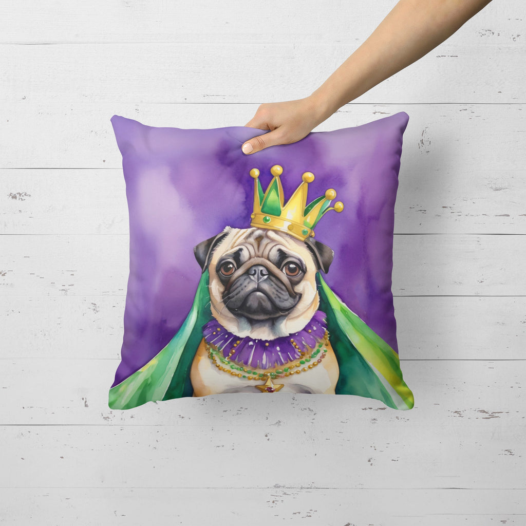 Pug King of Mardi Gras Decorative Throw Pillow 18x18 Indoor Outdoor Accent Cushion, Fabric Cover with Insert for Sofa, Bed, Porch & Living Room