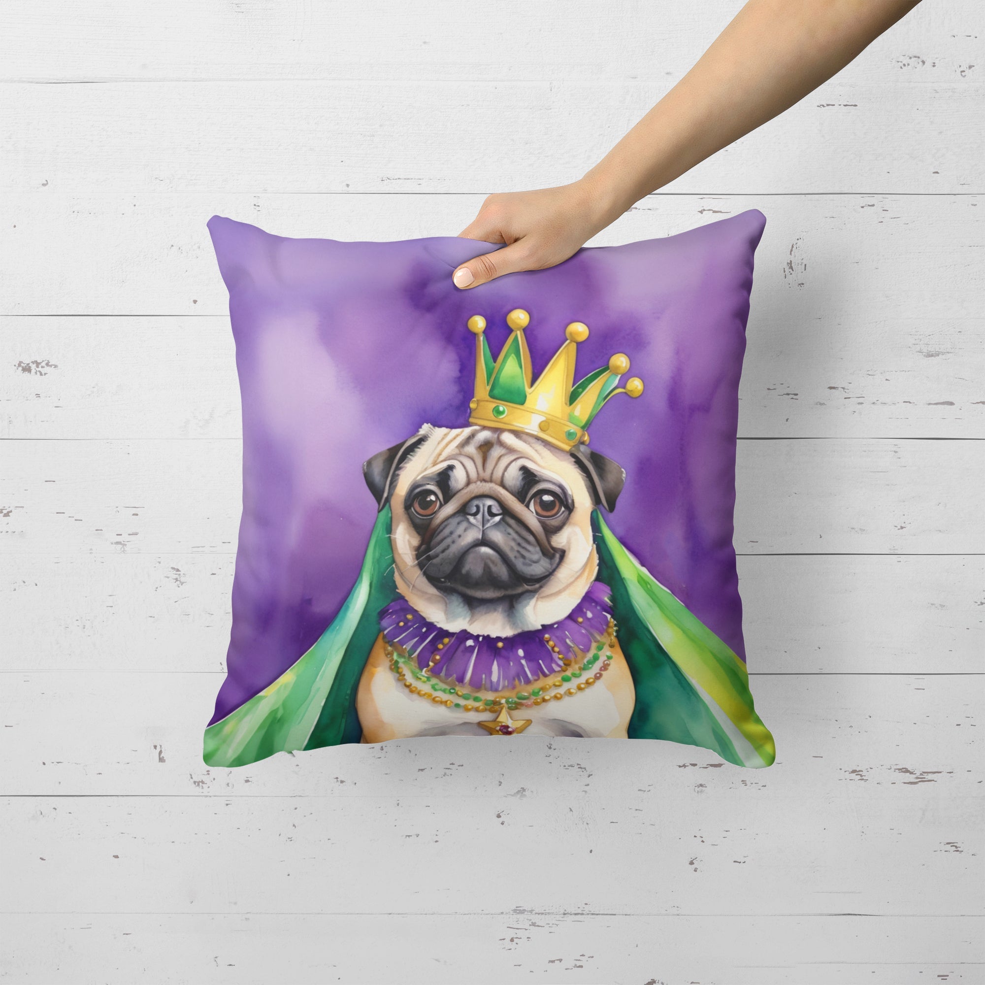Pug King of Mardi Gras Decorative Throw Pillow 18x18 Indoor Outdoor Accent Cushion, Fabric Cover with Insert for Sofa, Bed, Porch & Living Room