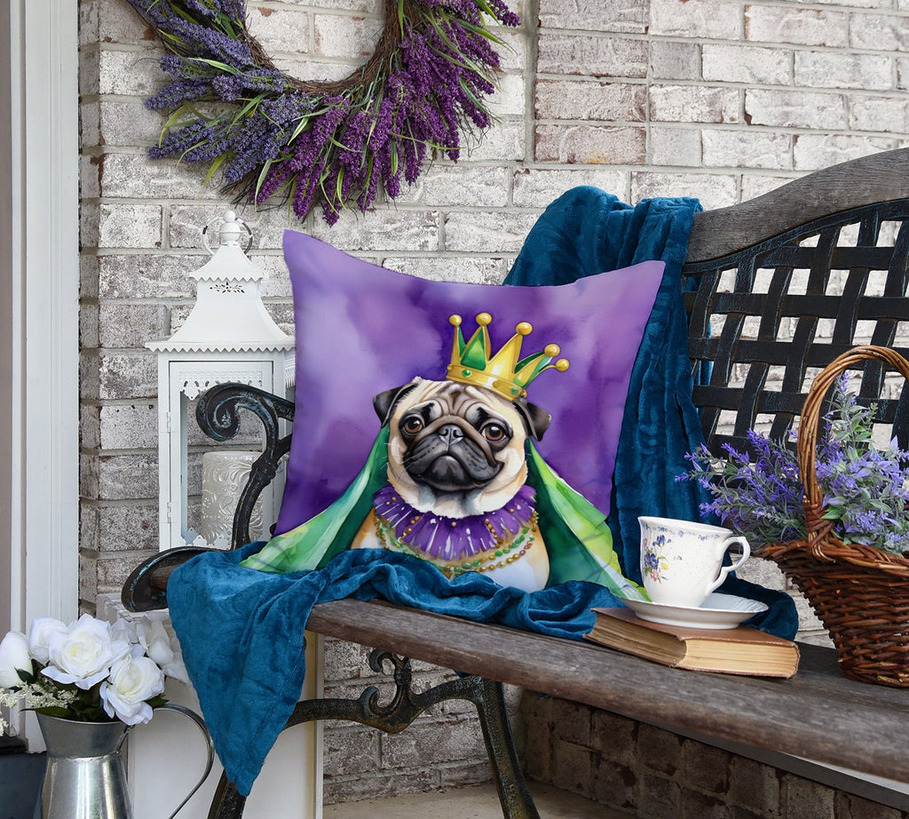 Pug King of Mardi Gras Decorative Throw Pillow 18x18 Indoor Outdoor Accent Cushion, Fabric Cover with Insert for Sofa, Bed, Porch & Living Room