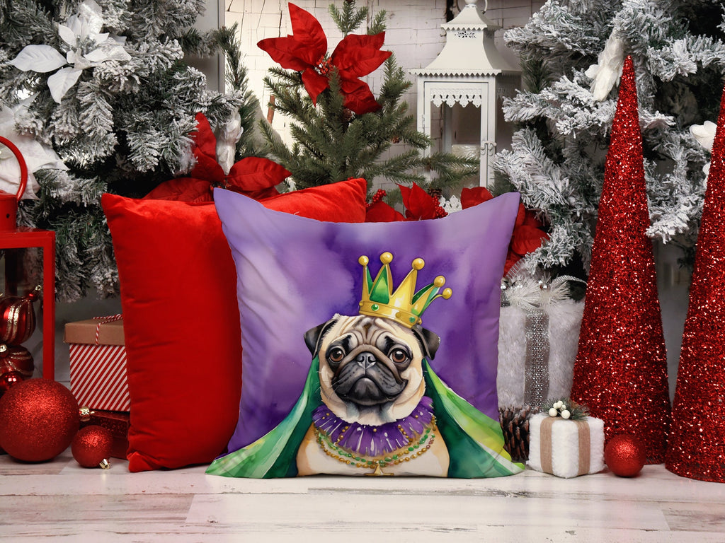 Pug King of Mardi Gras Decorative Throw Pillow 18x18 Indoor Outdoor Accent Cushion, Fabric Cover with Insert for Sofa, Bed, Porch & Living Room