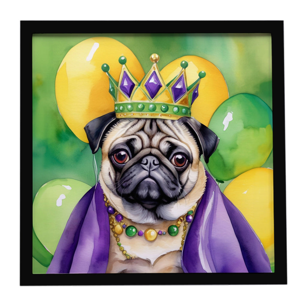 Pug King of Mardi Gras Framed Metal Print Bathroom, Kitchen, Office, Home Decor Wall Art Ready to Hang, Square, 8X8