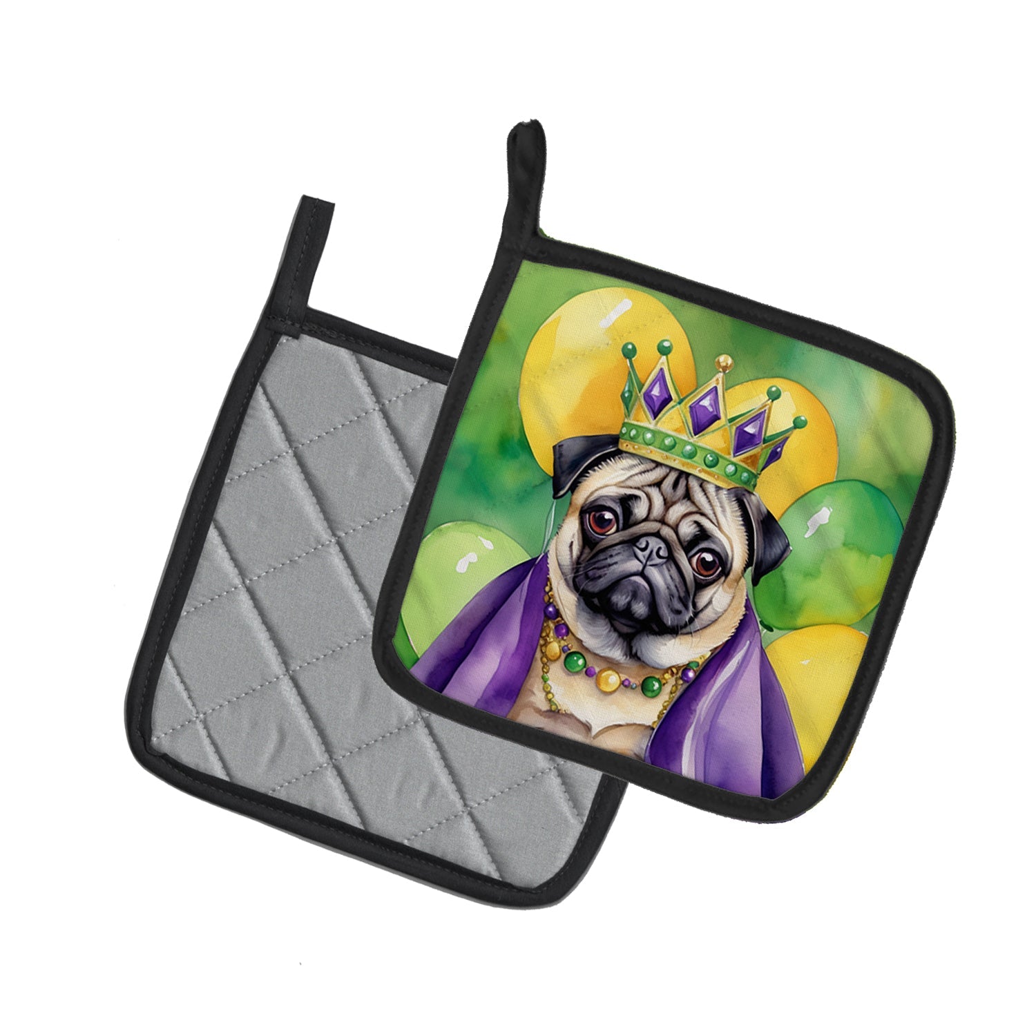 Pug King of Mardi Gras Pot Holder Set of 2 Heat Resistant Quilted Hot Pads 7.5 x 7.5 Inch, Insulated Kitchen Trivets for Cooking & Baking