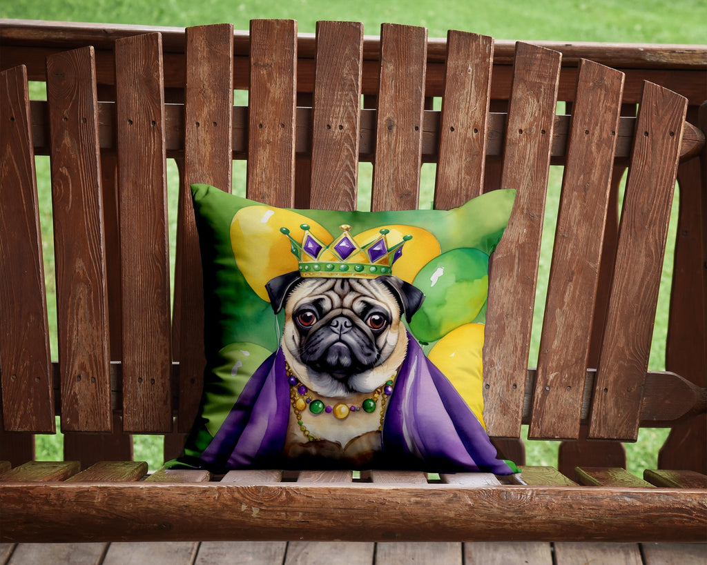 Pug King of Mardi Gras Decorative Throw Pillow 14x14 Indoor Outdoor Accent Cushion, Fabric Cover with Insert for Sofa, Bed, Porch & Living Room