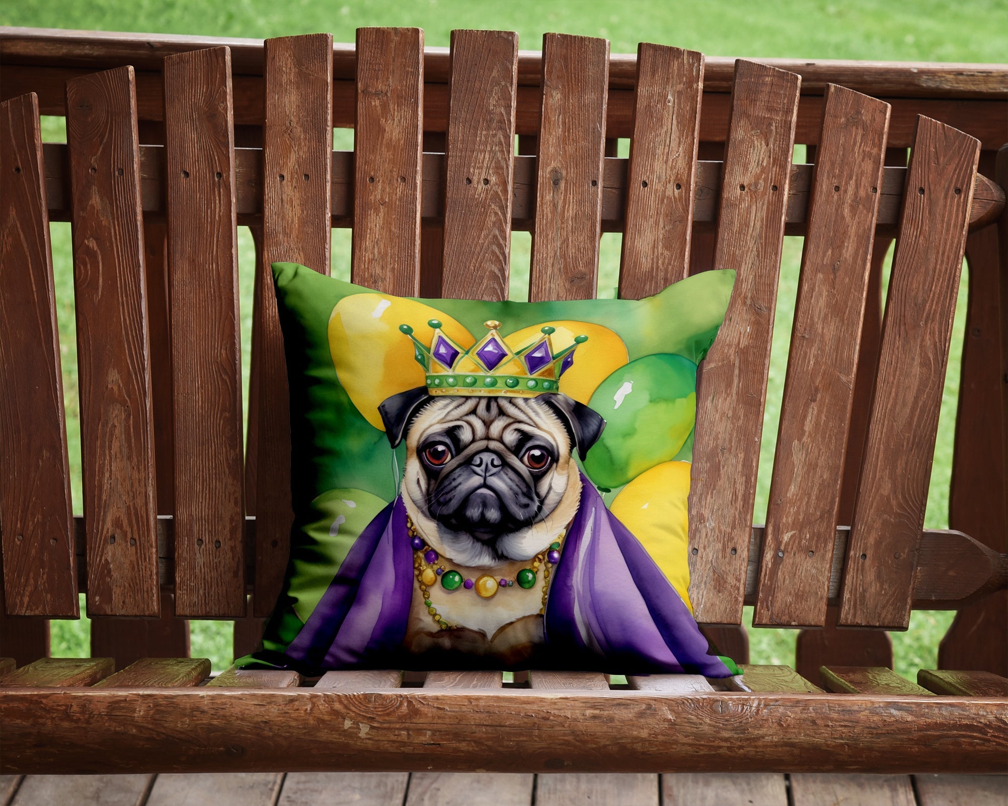 Pug King of Mardi Gras Decorative Throw Pillow 14x14 Indoor Outdoor Accent Cushion, Fabric Cover with Insert for Sofa, Bed, Porch & Living Room
