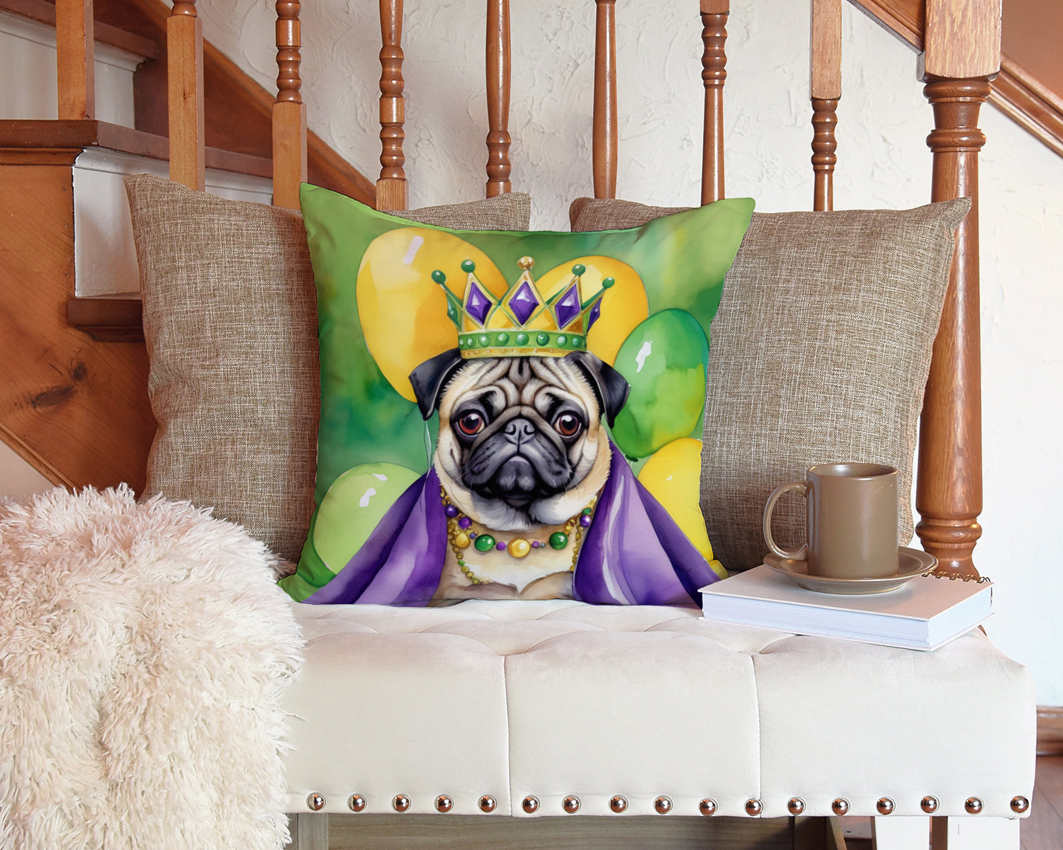Pug King of Mardi Gras Decorative Throw Pillow 14x14 Indoor Outdoor Accent Cushion, Fabric Cover with Insert for Sofa, Bed, Porch & Living Room