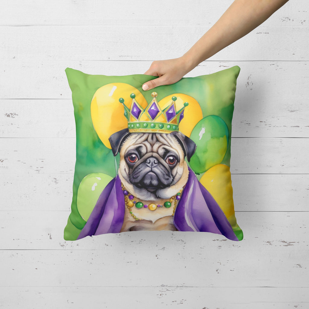 Pug King of Mardi Gras Decorative Throw Pillow 18x18 Indoor Outdoor Accent Cushion, Fabric Cover with Insert for Sofa, Bed, Porch & Living Room