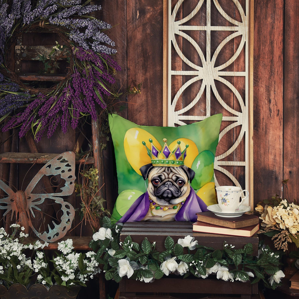 Pug King of Mardi Gras Decorative Throw Pillow 18x18 Indoor Outdoor Accent Cushion, Fabric Cover with Insert for Sofa, Bed, Porch & Living Room
