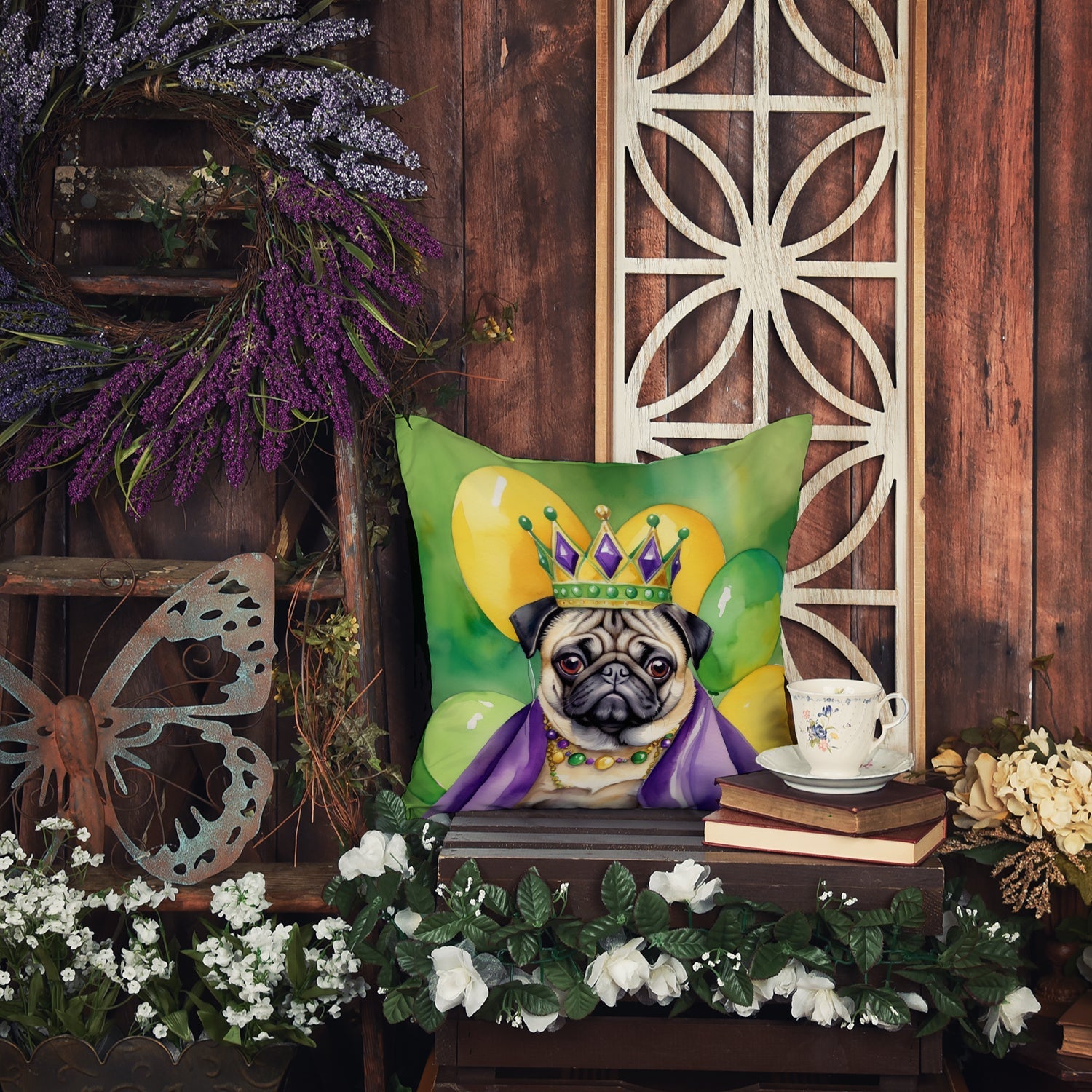 Pug King of Mardi Gras Decorative Throw Pillow 18x18 Indoor Outdoor Accent Cushion, Fabric Cover with Insert for Sofa, Bed, Porch & Living Room
