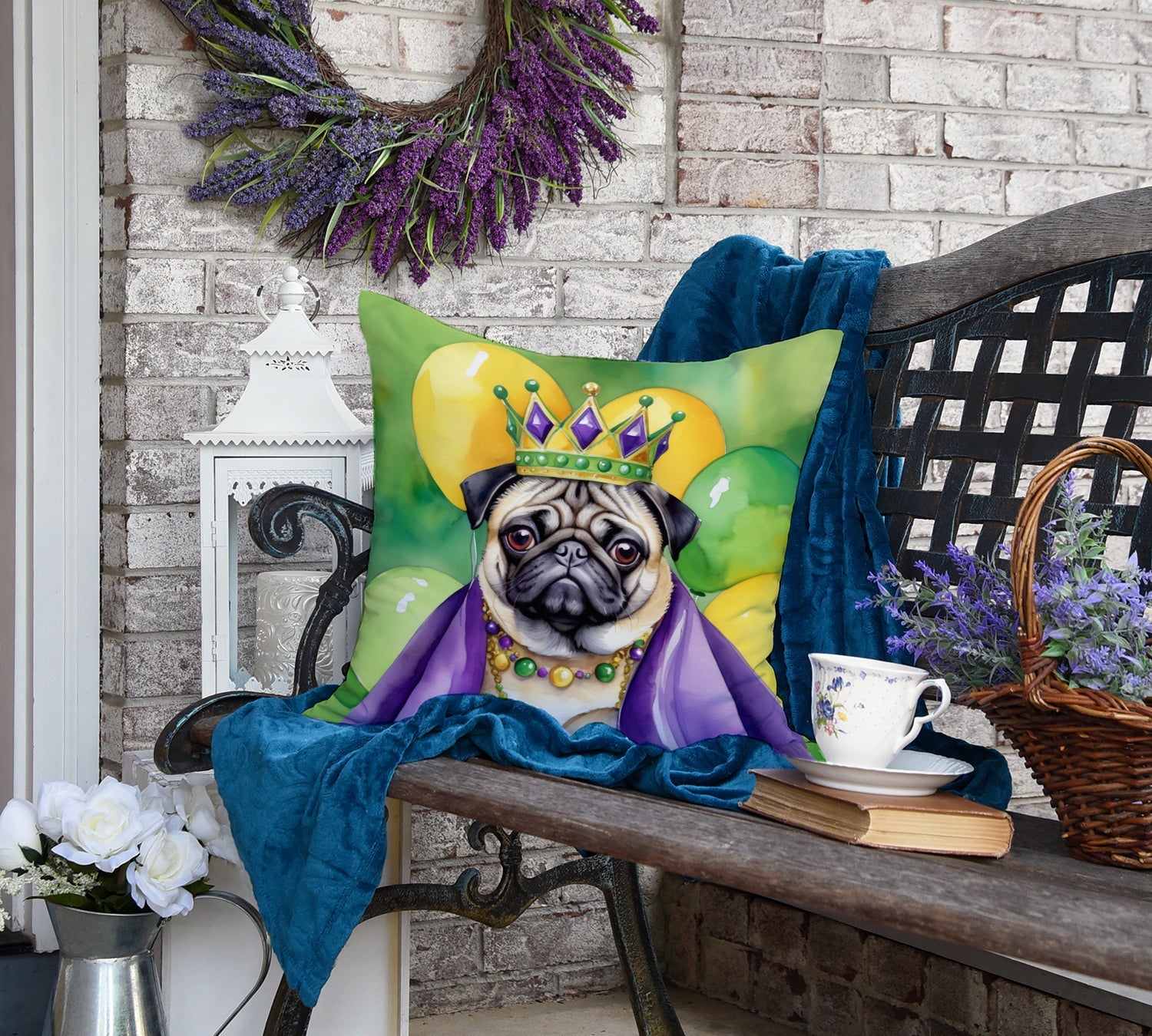 Pug King of Mardi Gras Decorative Throw Pillow 18x18 Indoor Outdoor Accent Cushion, Fabric Cover with Insert for Sofa, Bed, Porch & Living Room