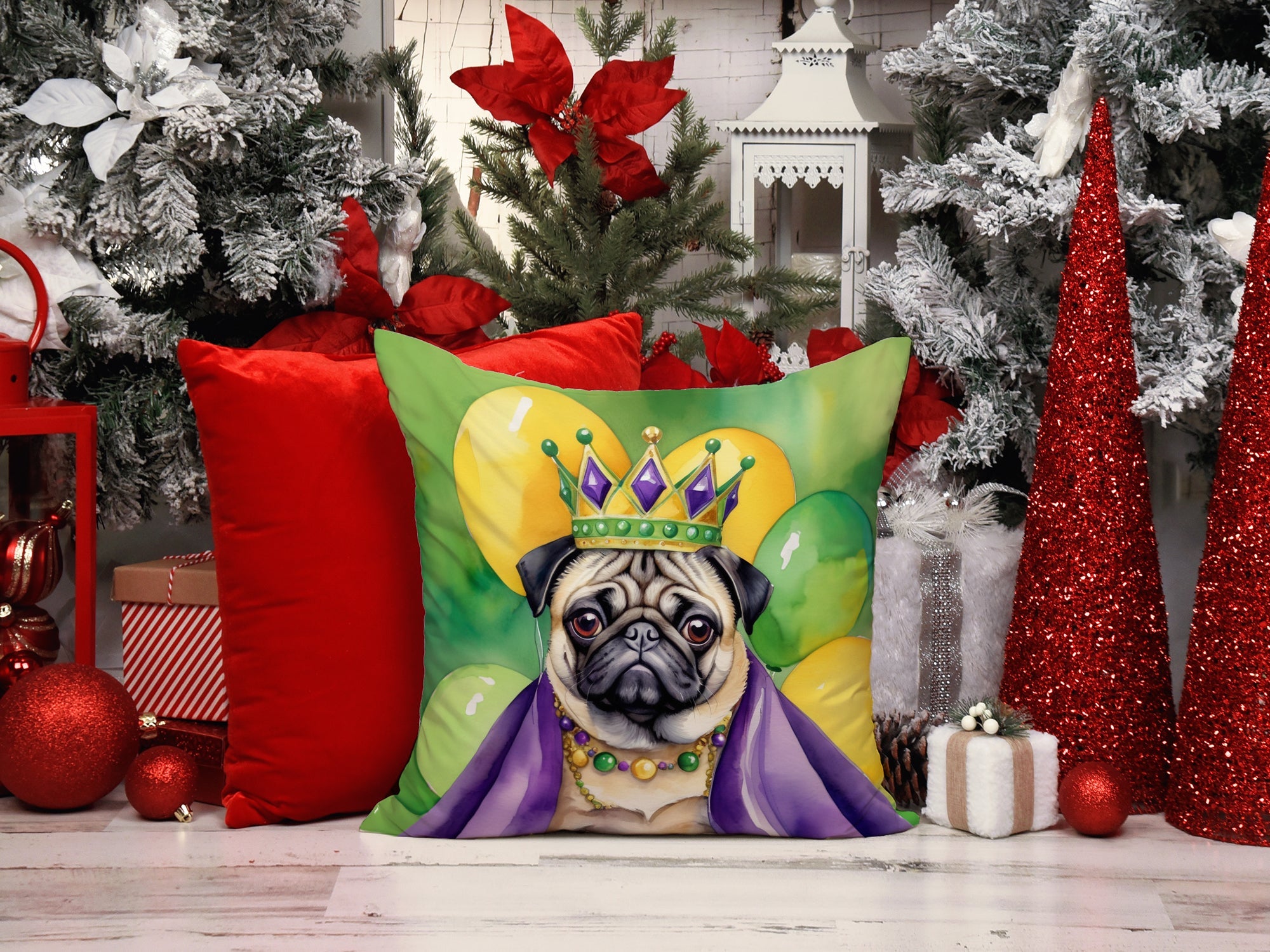 Pug King of Mardi Gras Decorative Throw Pillow 18x18 Indoor Outdoor Accent Cushion, Fabric Cover with Insert for Sofa, Bed, Porch & Living Room
